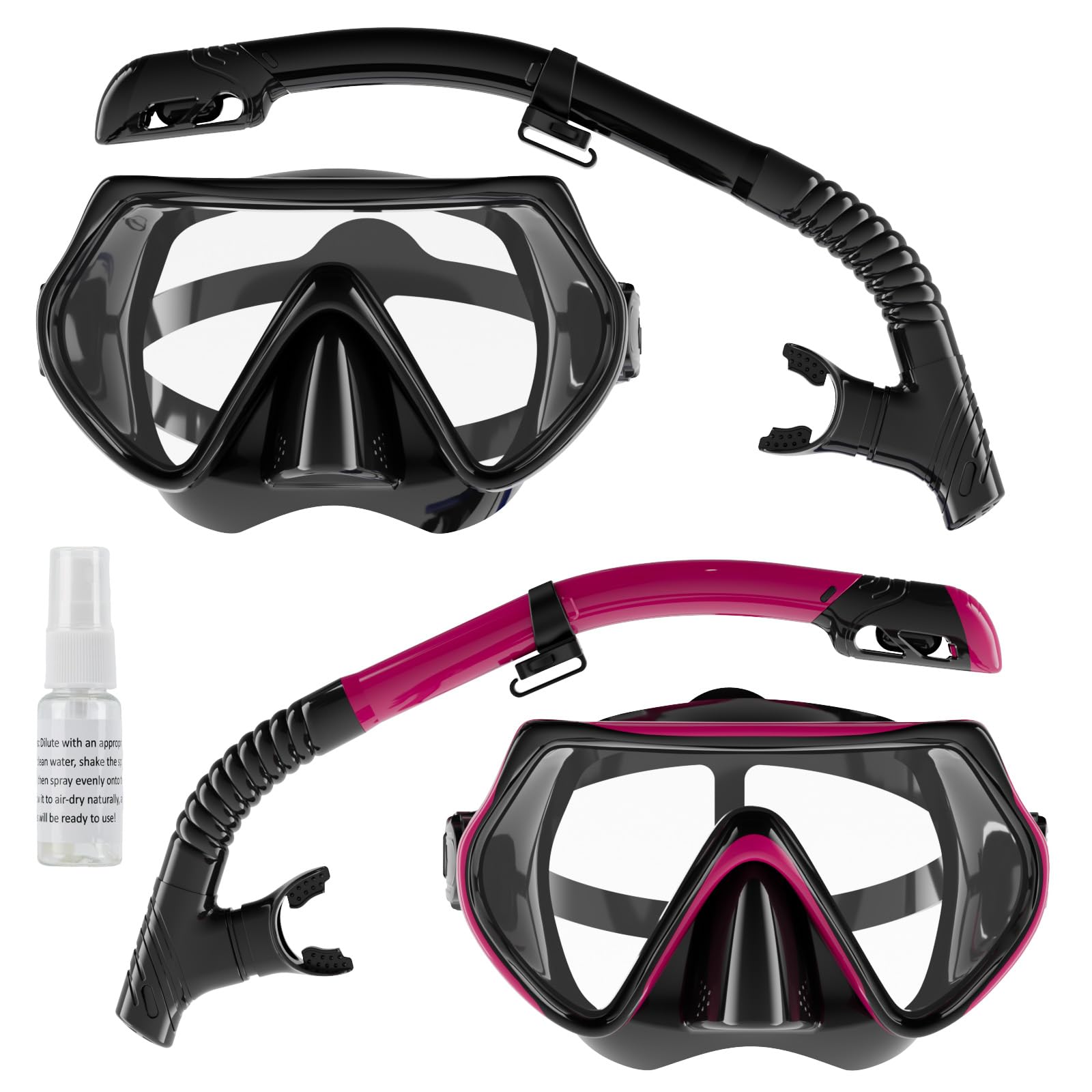 Snorkel Set Adults, Scuba Snorkelling Packages with 180Β° Panoramic Anti-Fog Tempered Glass Snorkel Mask, Leak Proof Dry Top Snorkel for Snorkeling Diving Swimming with Anti Fog Spray οΌBlack+PinkοΌ