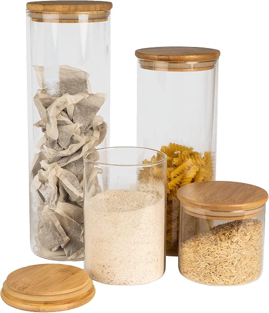 Glass Storage Jars with Bamboo Lids - Set of 4 | Airtight Food Storage | Glass Containers | Kitchen Storage | Food Canister for Pasta Rice Tea Coffee Sugar Snacks | M&W