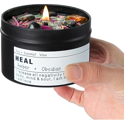 Obsidian Crystal Energy Candle, Good Aura Health Protection, Baltic Amber Chakra Ma...