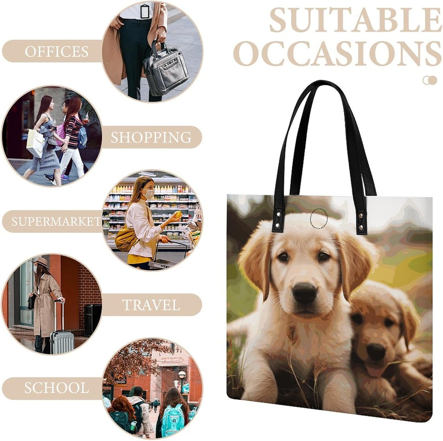 Cute Golden Retriever Puppy Handbags Large Capacity, Tote Bag Stylish Slouchy, Shoulder Bags for Work Beach Travel And Shopping Grocery.