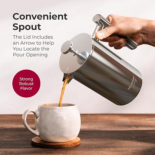 Miniatura 7 de MuellerLiving - Cafetera de prensa francesa MuellerLiving de 20 oz, prensa francesa de café de acero inoxidable, 4 filtros resistentes al calor,