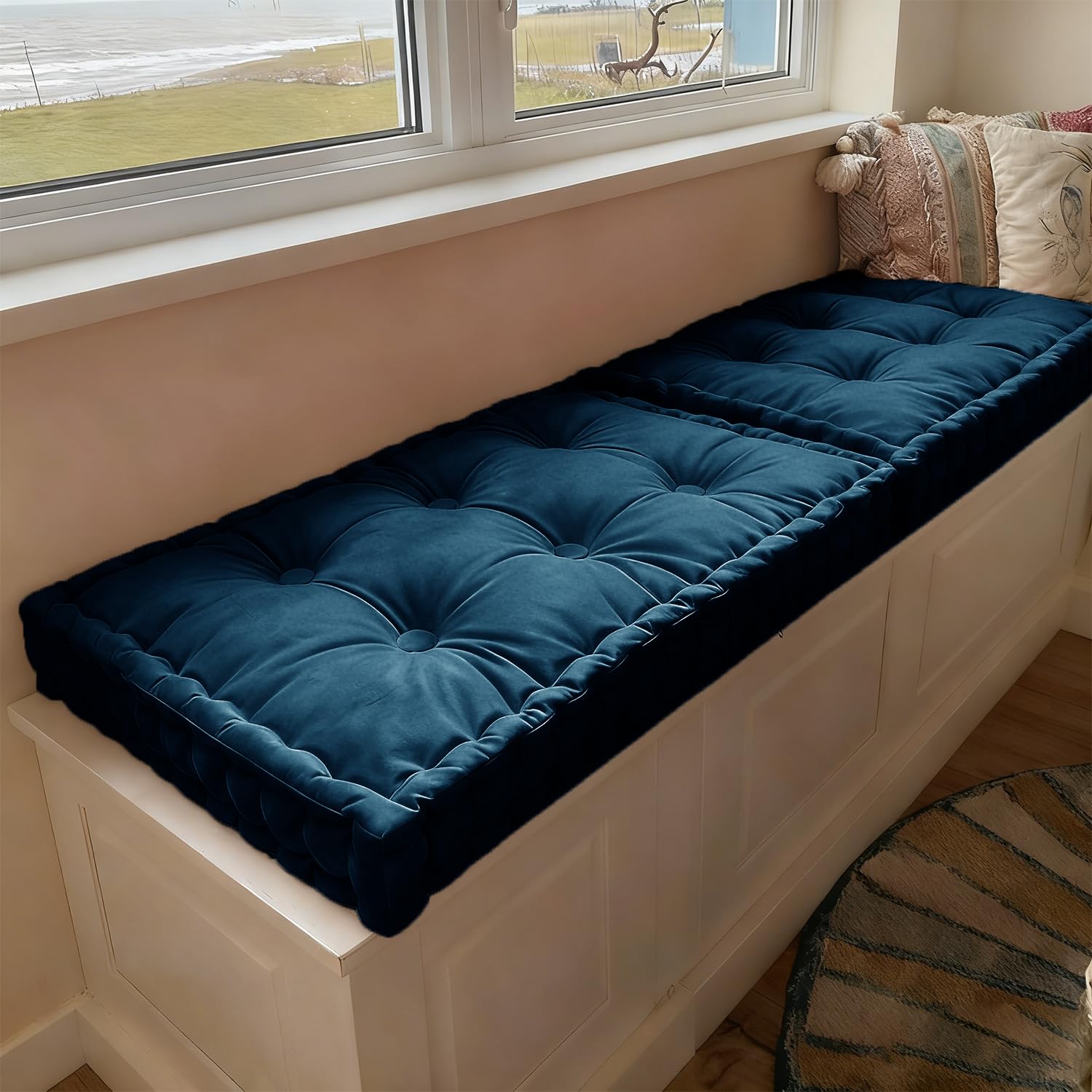 WLXFF Bench Cushion Indoor, Velvet Window Seat Cushions with Handle 10cm Thick Plush Windowsill Seat Cushion, Bay Window Cushion, Tufted Buttons Bench Seat pad for Piano, Dining Chairs,NO8,200x60cm