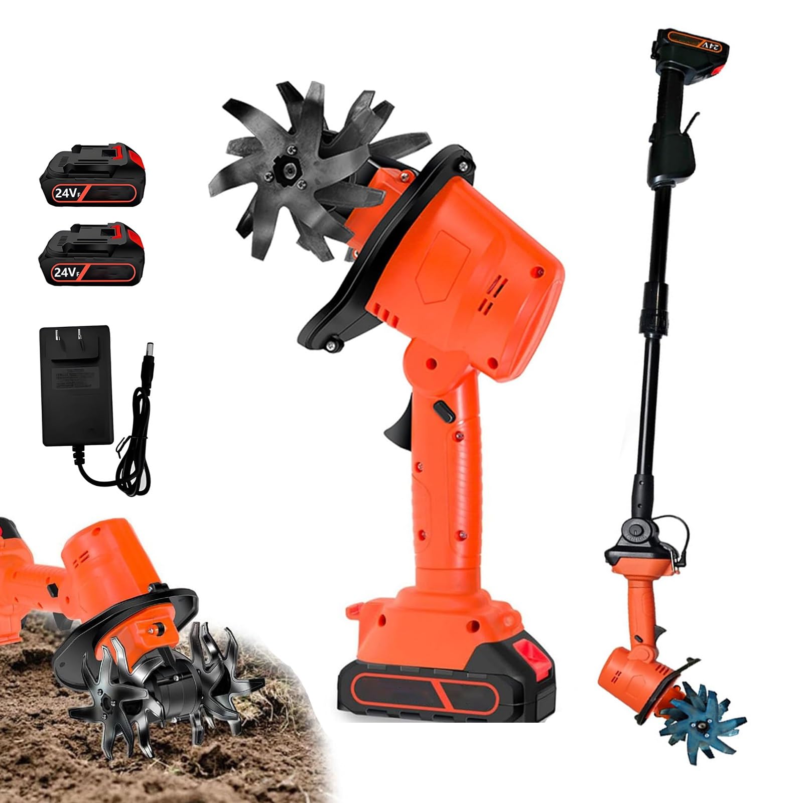 Motozappa a Batteria 24V, Motocoltivatore da Giardino con Asta Estensibile e 2 Batterie – Zappatrice Elettrica con 4 Lame, 10cm Larghezza/Profondità, 235 giri/min – Per Orto e Serre