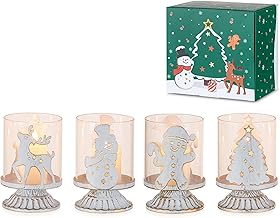 Sziqiqi Christmas Candle Holders Gift: 4 Pcs Xmas Tealight Holder Gift Set for Christmas Table Decoration - Vintage White Candle Holders with Hurricane Glass for Dining Table Centrepiece Mantel