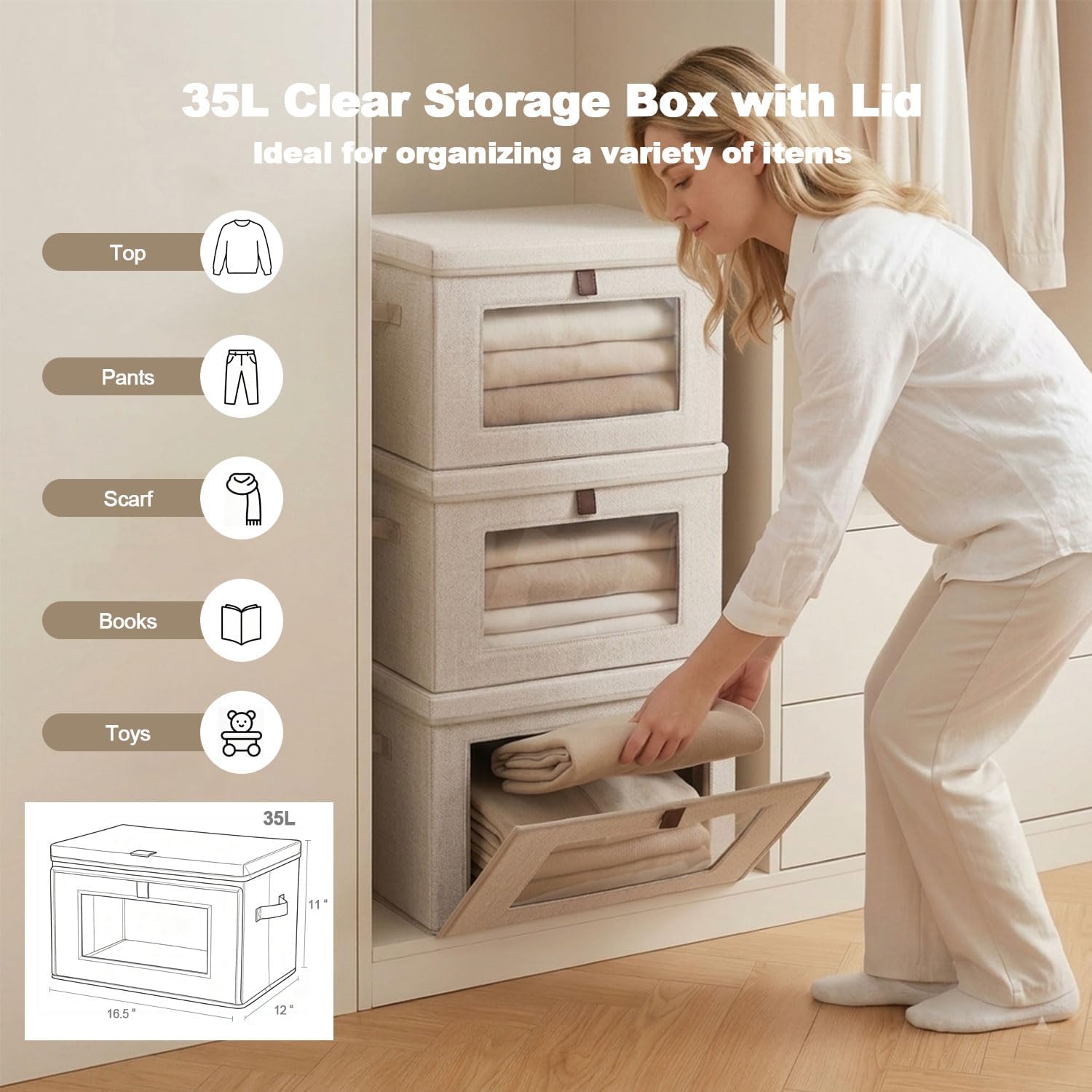 35L Large Closet Organizers and Storage Bins 4-Pack, Collapsible Fabric Storage Boxes with Lids and Handles, Front Opening Wardrobe Container with Clear Window for Clothes, Blankets, Living Room, Dorm