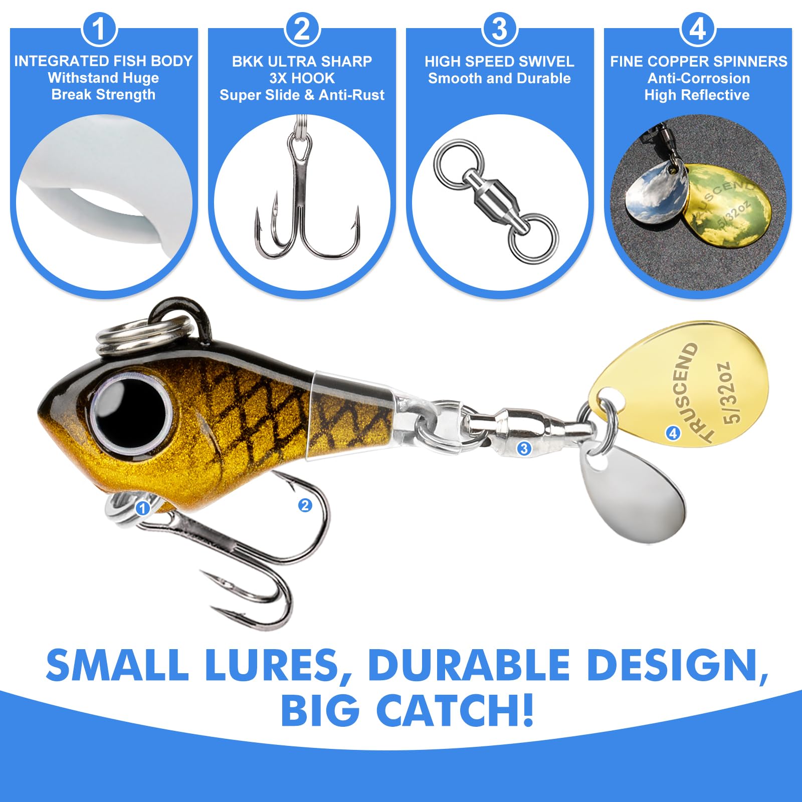 TRUSCEND Vibespinner Easy Catch Fishing Lures with BKK Hooks, Tail Spinner Baits with 4 Actions, Vibrating Swimming Flashing & Jigging for More Bites, Spoon Lures for Bass Trout Crappie Walleye