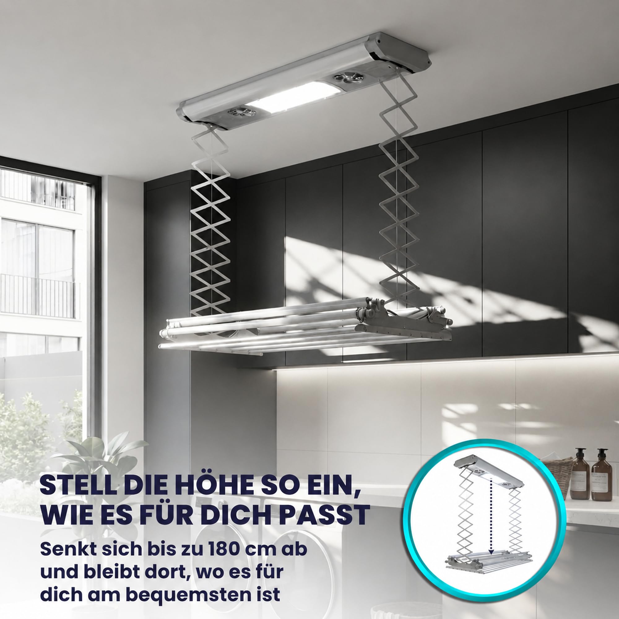 Foxydry Air, elektrischer, Ferngesteuerter, deckenwäschetrockner, 160 cm | platzsparend, aus aluminium, motorisiert, ausziehbar, geeignet für bettwäsche, trägt 35 kg, grau