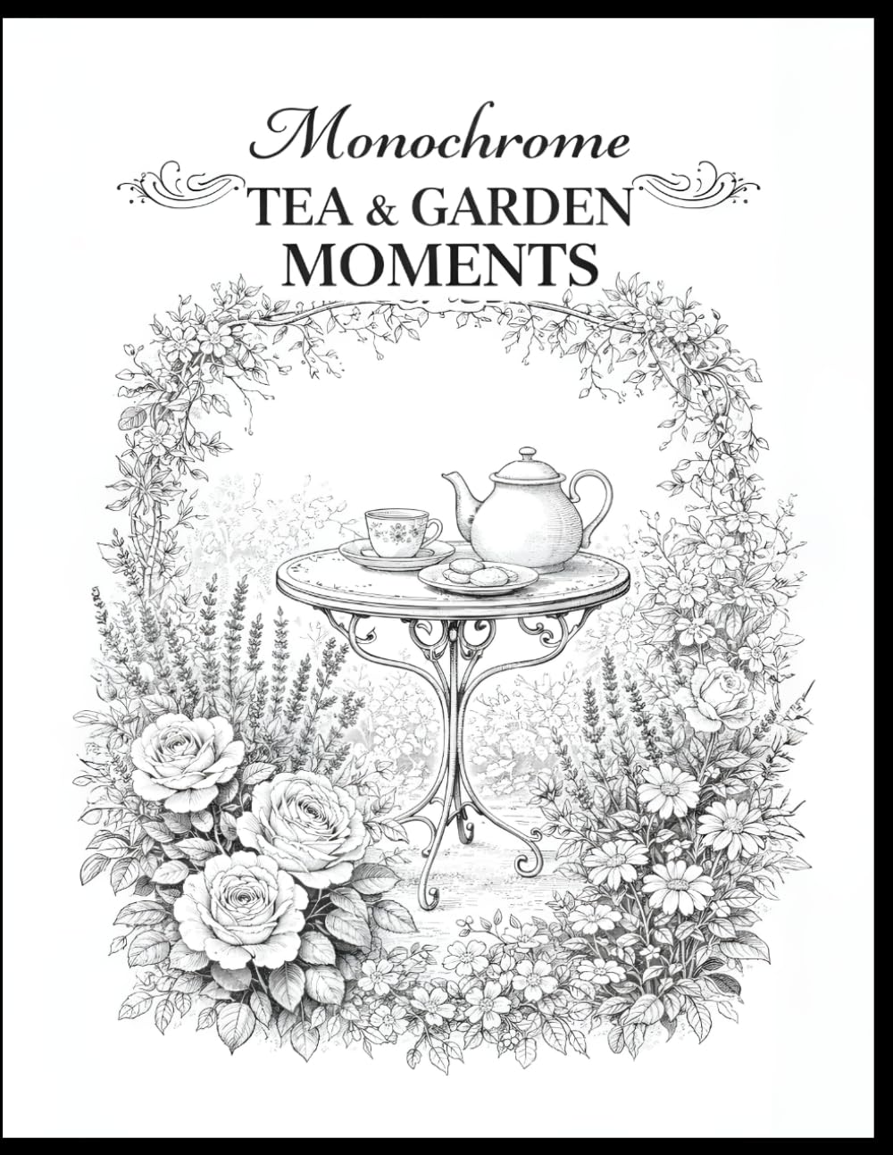 Monochrome Tea & Garden Moments: Elegant Black and White Tea Scenes with Vintage Garden Florals for Relaxation and Creative Expression (The Monochrome Garden Coloring Series)