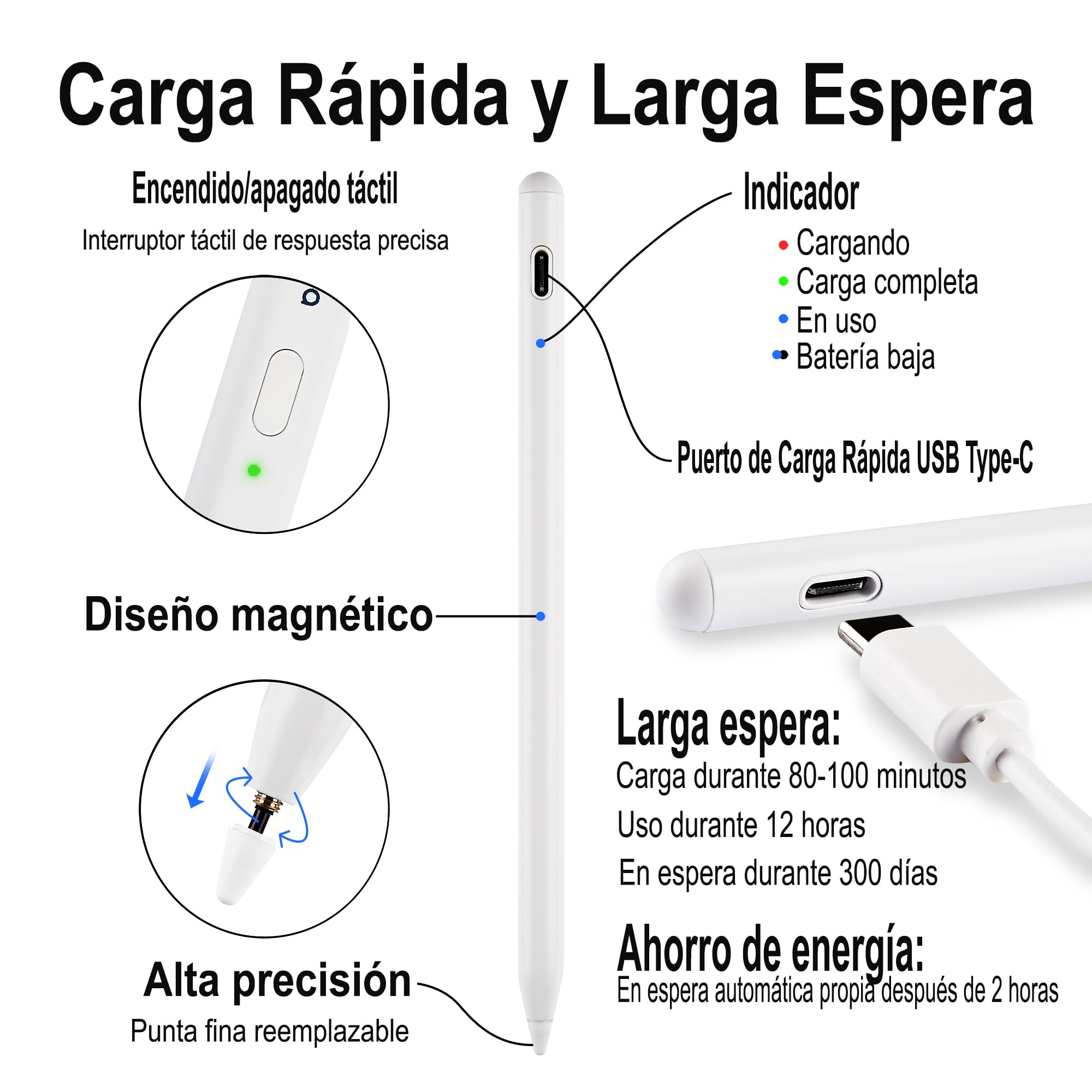 Stylus Pen, Active Stylus Pen Compatible para iOS y Android teléfonos, lápiz óptico Recargable con Pantalla táctil Dual, para Apple/Samsung Tablet, Blanco