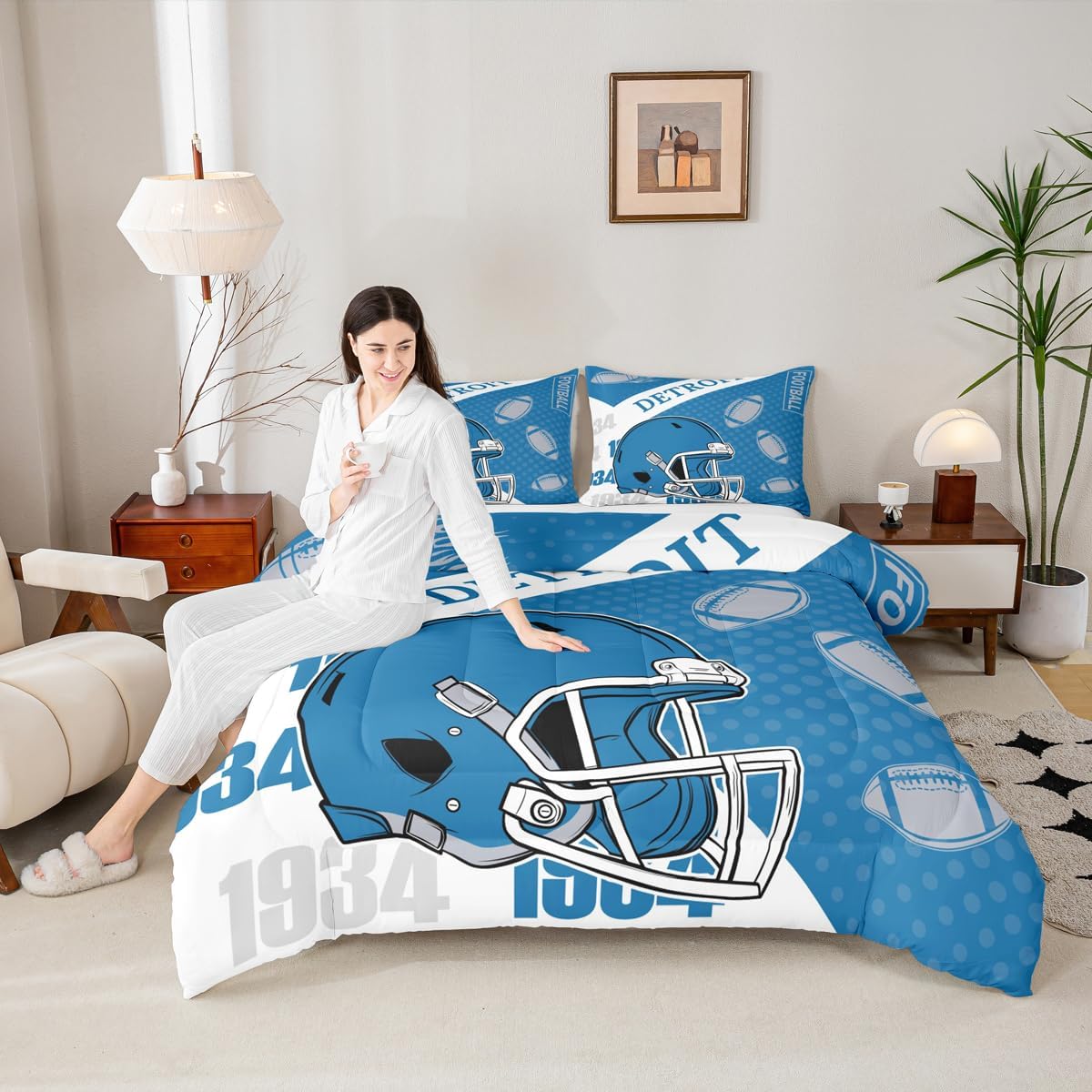 Feelyou Football Comforter Set All Season Detroit Bedding Set with 2 Pillow Cases Football City Microfiber Kids Queen Bedclothes Bedroom Decor Duvet Quilt Soft Lightweight