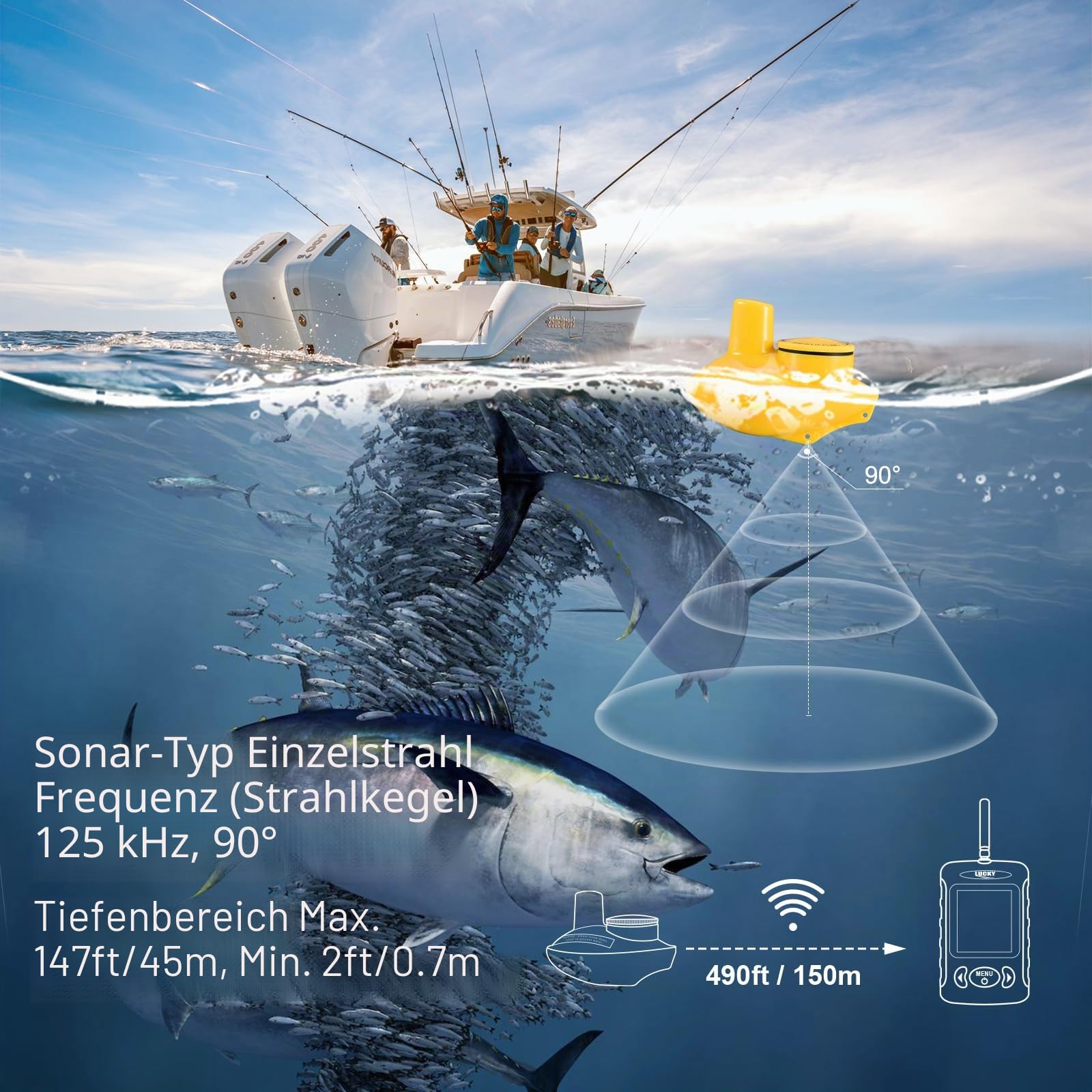 LUCKY Drahtloser Wassertiefe-Fischfinder Kajak Tragbarer Fischfinder Sonarsensor LCD-Anzeige Boot-Fischfinder für Ufer Kajaks Angeln FFW718