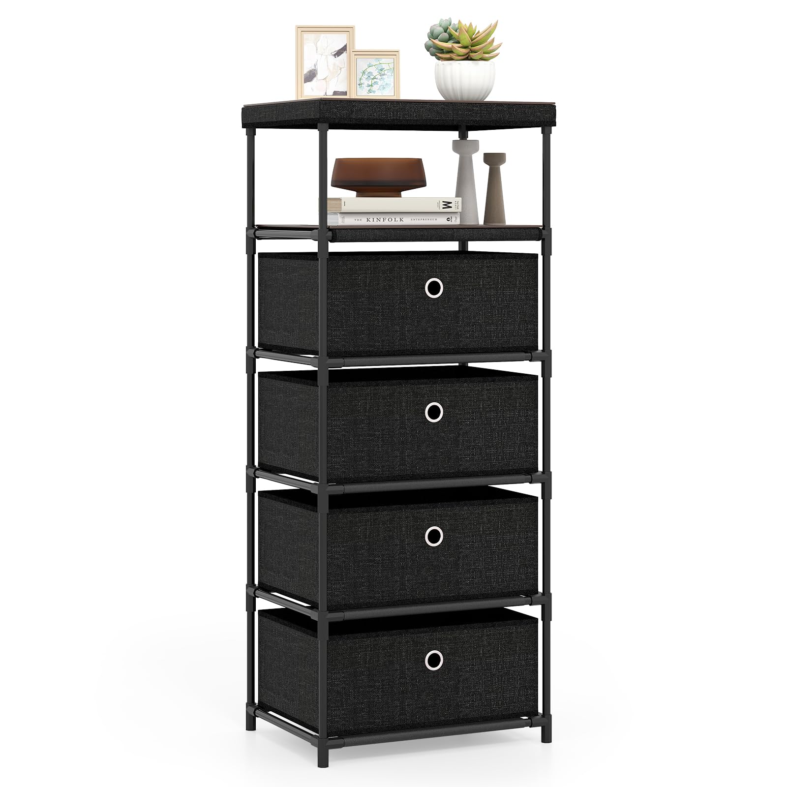 CASART Fabric Chest of Drawers, Storage Drawer Dresser with Shelf, Metal Frame & Fabric Foldable Bins, Vertical Storage Organizer for Bedroom Living Room Hallway (4-Drawer)