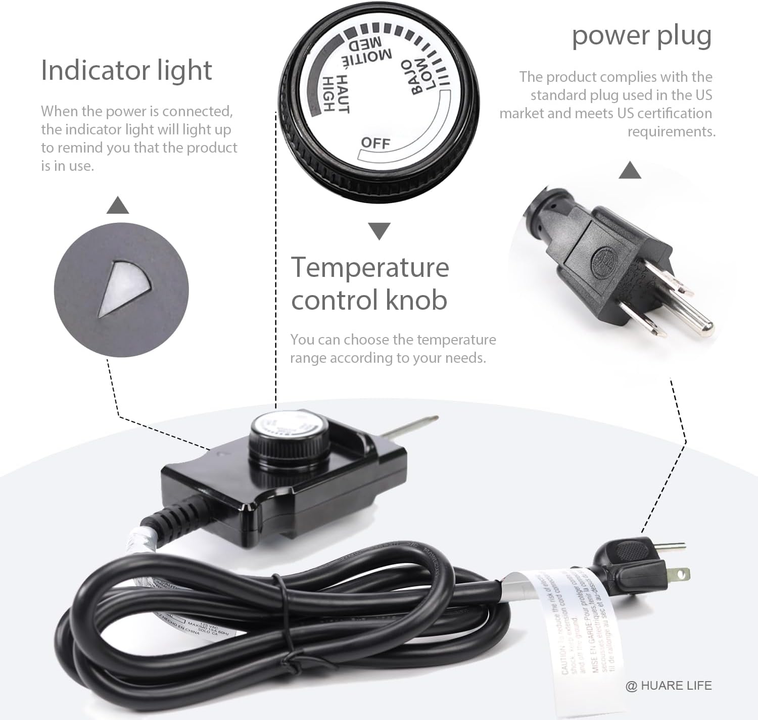 Adjustable Thermostat Control Power Cord for Masterbuilt, Royal Gourmet, Analog Electric Smokers, Replacement Parts Thermostat Probe Control for Most Electric smoker, Grill Heating Element.
