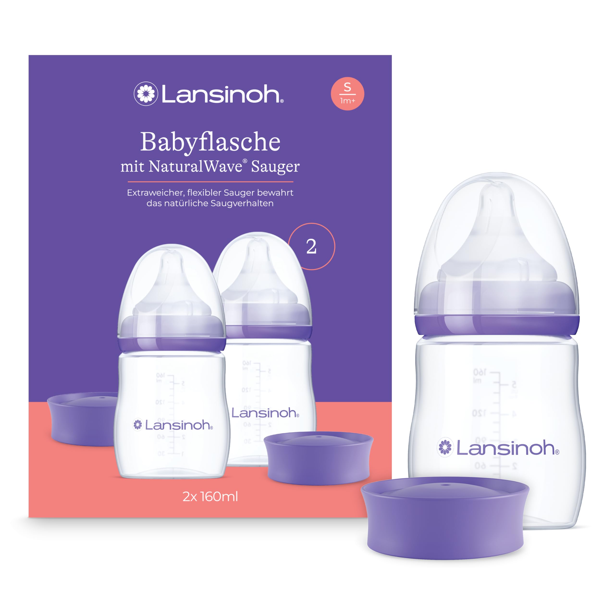Lansinoh Babyflaschen mit NaturalWave Sauger Gr. S, 160 ml - Doppelpack - neues kompaktes Design für verbesserte Stabilität - mit stapelbarem Deckel