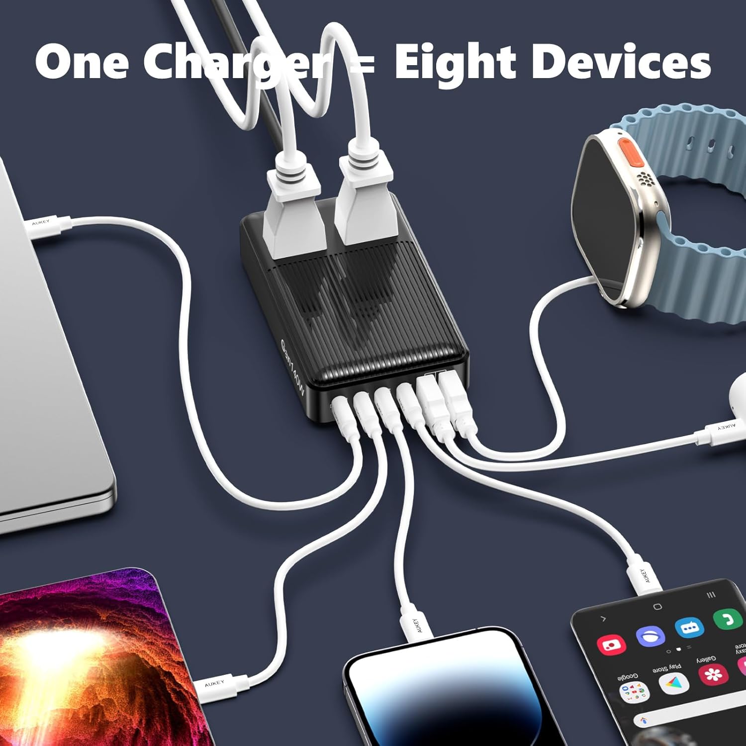 Charging Stations Flat Plug Power Strip 140W, 8-in-1 Power Strip, GaN Charger USB C Fast Charging Station with 2 AC, 4 USB C, 2 USB A, Ports, 6.5ft Extension Cord. for iPhone/MacBook/Laptop (Black)