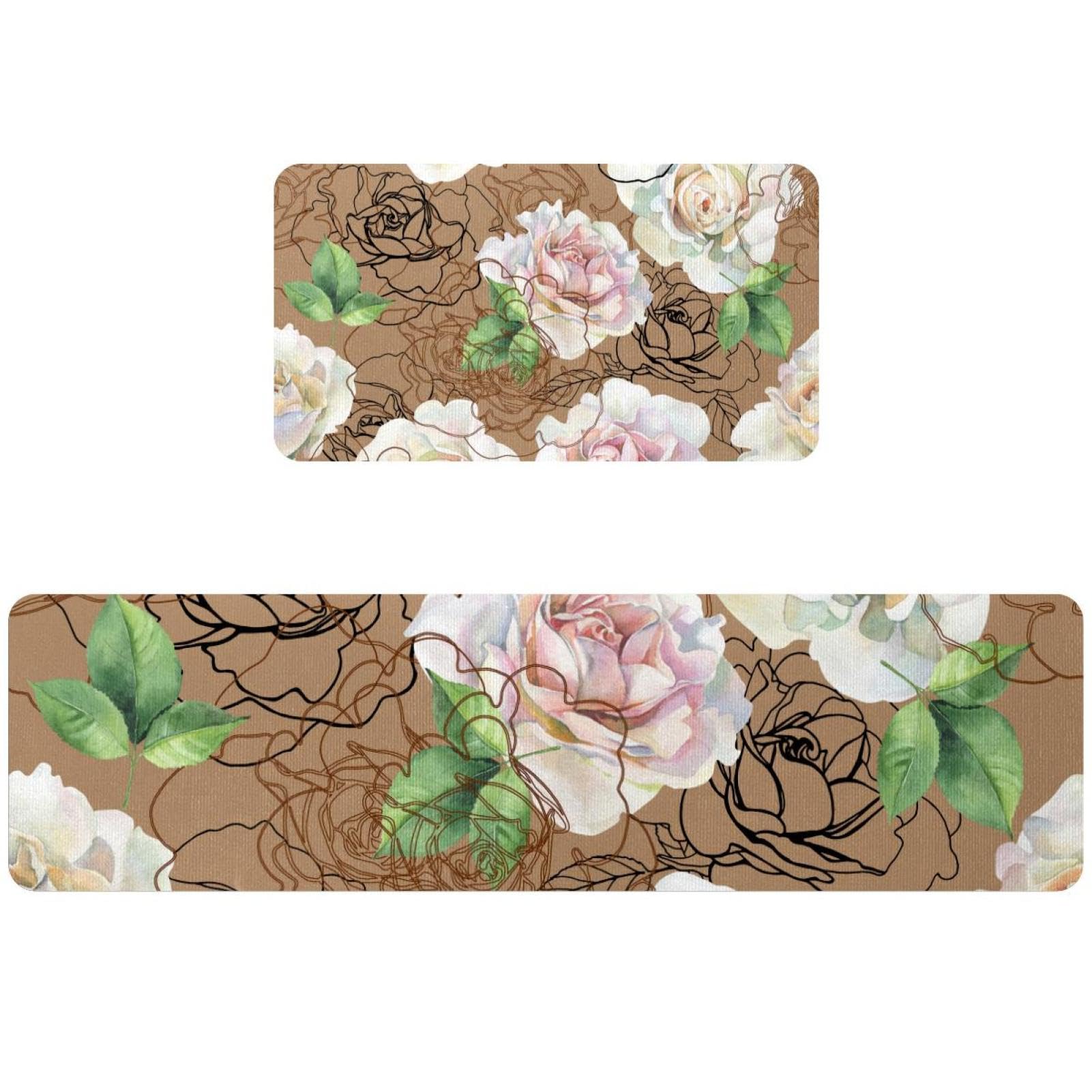 Alfombrilla de cocina lavable y alfombra absorbente antideslizante con rosas, 2 unidades