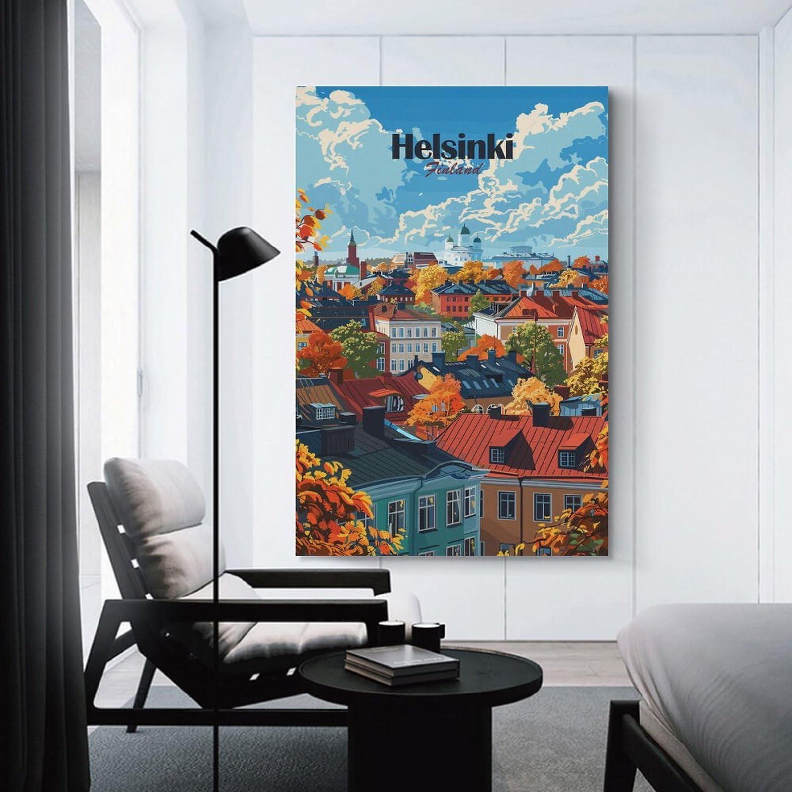 Junmoney Helsinki Finland Autumn Cityscape Illustration Wall Decor Canvas Print, 24x36inch(60x90cm), for Small Homes, Bedrooms Or Open Spaces, Wall Decor with Flexible Room Appeal