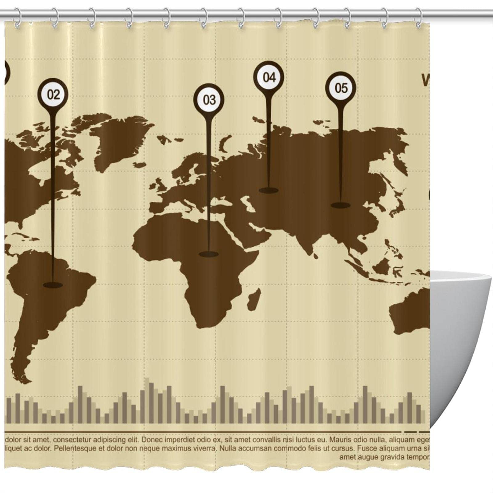 Rideau de douche carte du monde 183x183 cm aquarelle vintage grand format textile bain