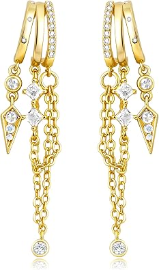 Gold Earrings for Women Dangle Chain Hoop Earrings that Look Like Multiple Piercings Unique Triple Hoop Earring for Women Trendy Illusion Stud Earring Hypoallergenic Dainty Gold Jewelry