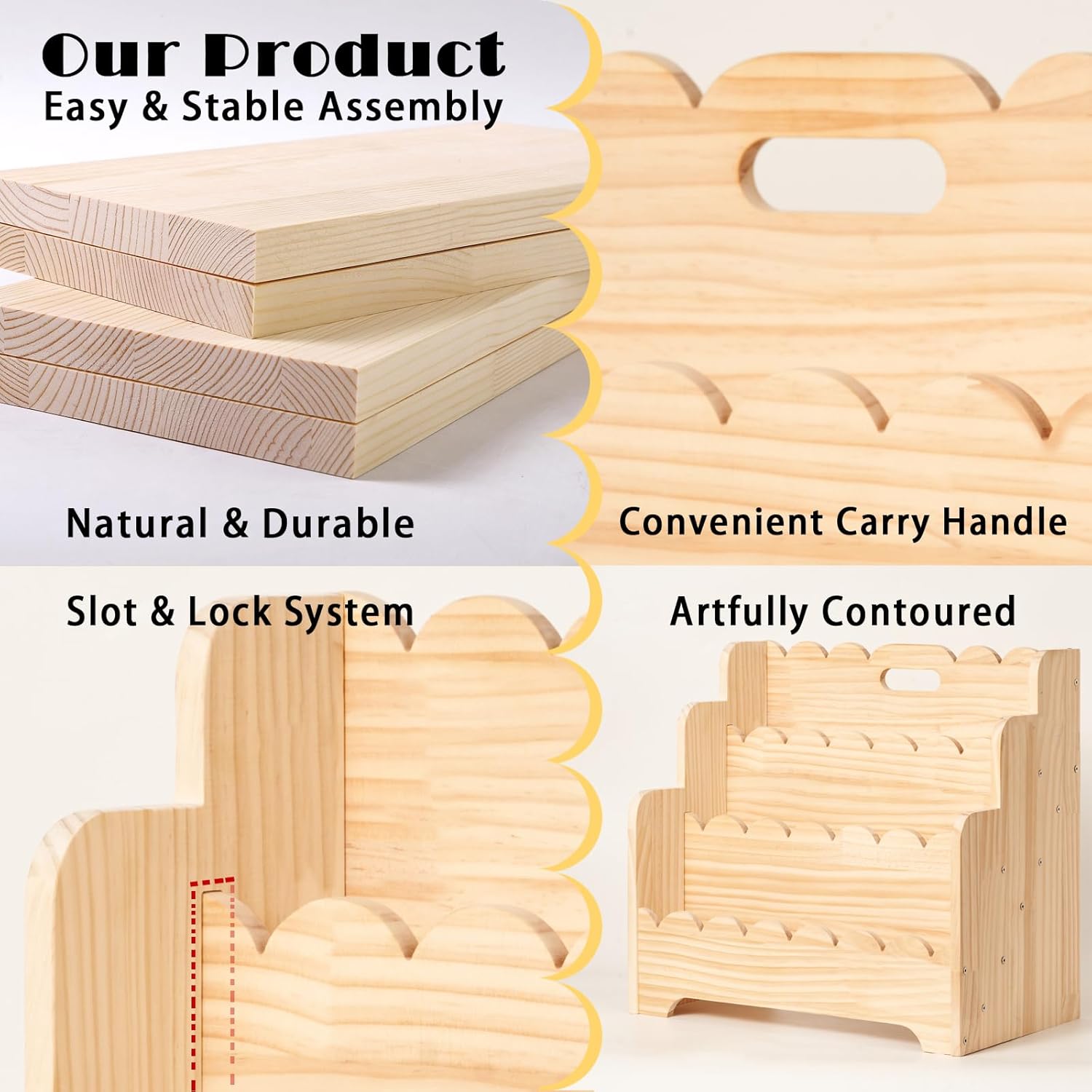 Kids Bookshelf Storage 3-Tier, Book Case for Kids Rooms, Scalloped Wooden Montessori Bookcase for Toddlers & Baby, Small Nursery & Classroom Book Shelves, Solid Wood Organizer - Image 7