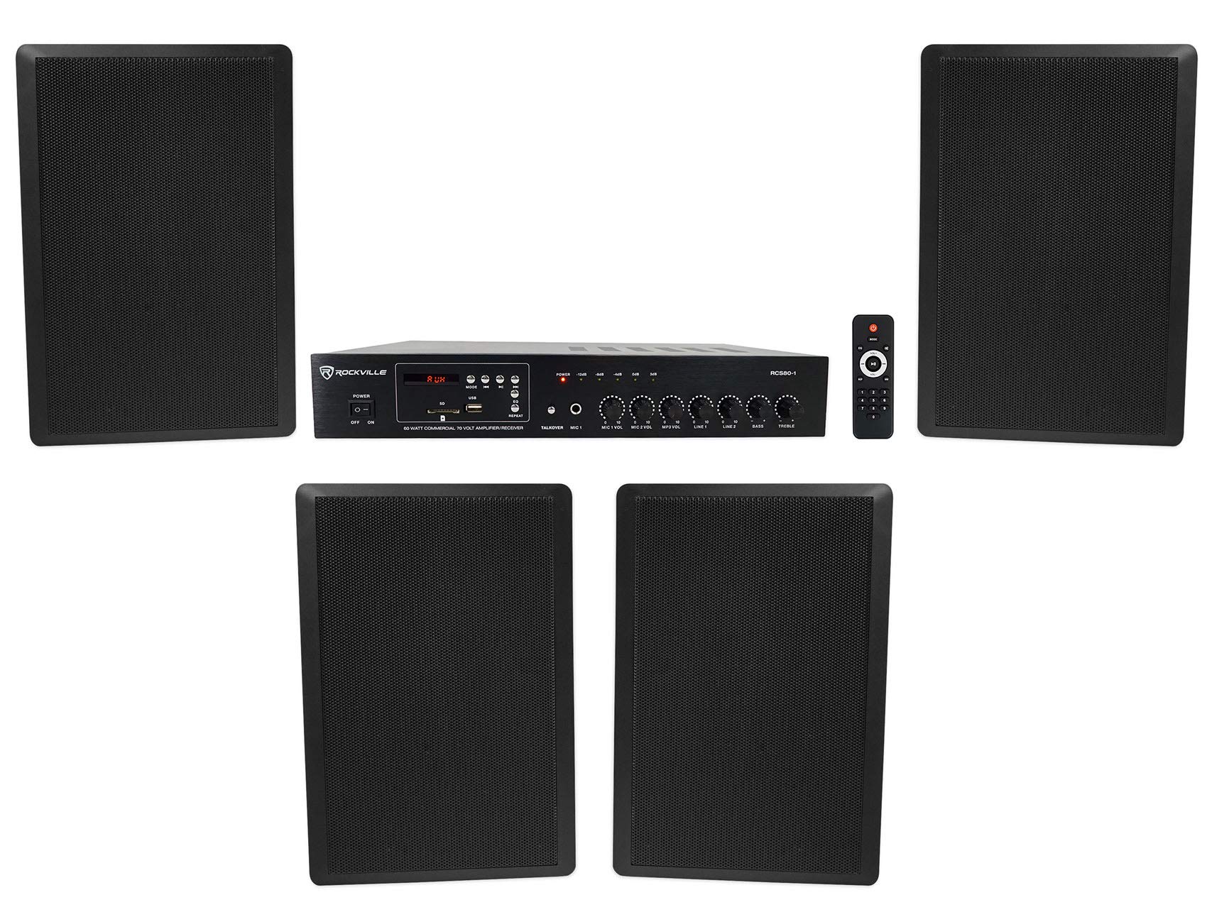 Rockville Bundle RCS80-1 60 Watt 70v Commercial Amp/Bluetooth Receiver Bundle with (2) Pair RockSlim 70B Black 5.25