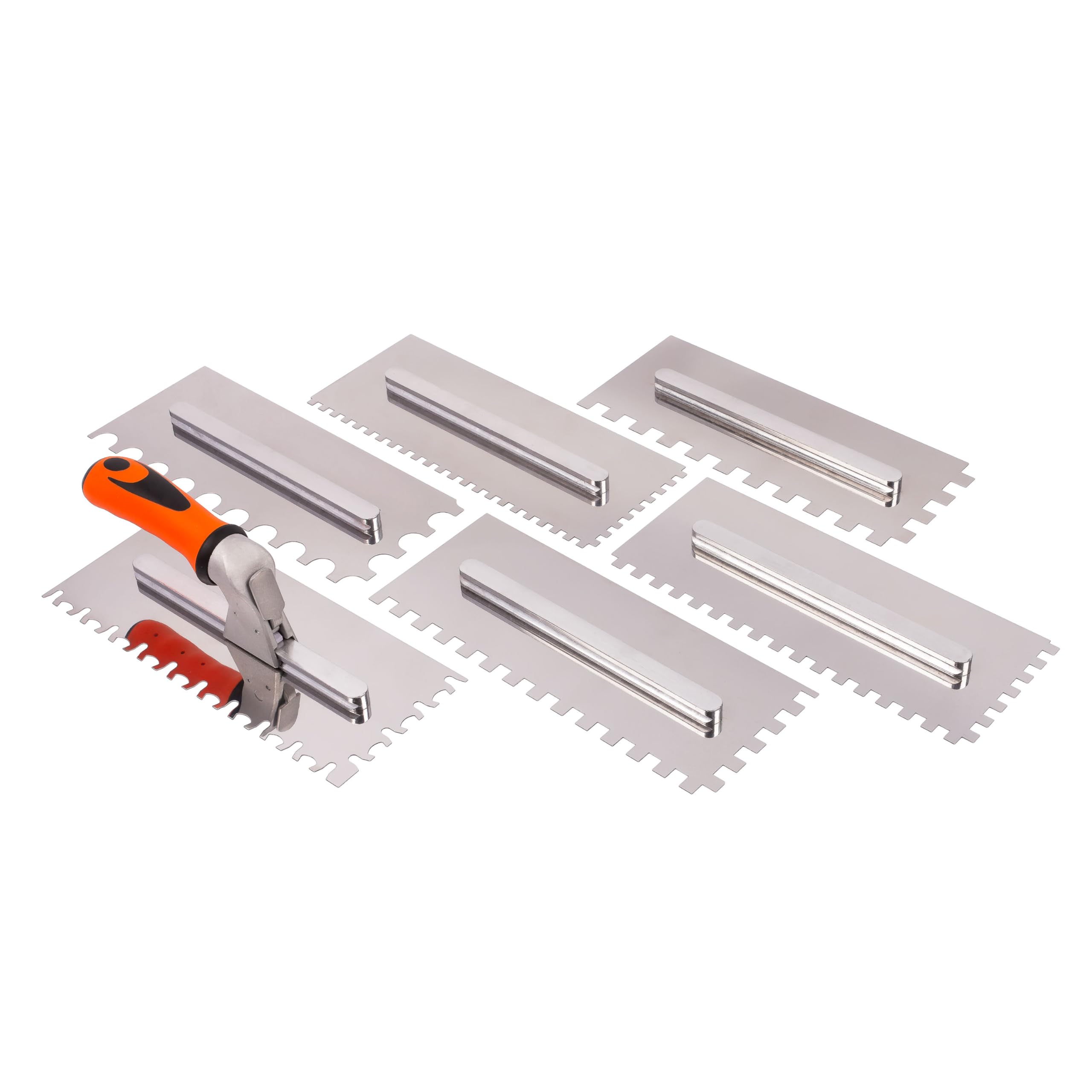 MIVOS Set di Frattazzi con manico staccabile e scatola per il trasporto - 6, 8, 10, 12 mm, Tipo U, tipo Tiger - 6 Frattazzi dentati - Frattazzi in acciaio inox con impugnatura morbida - Cazzuola