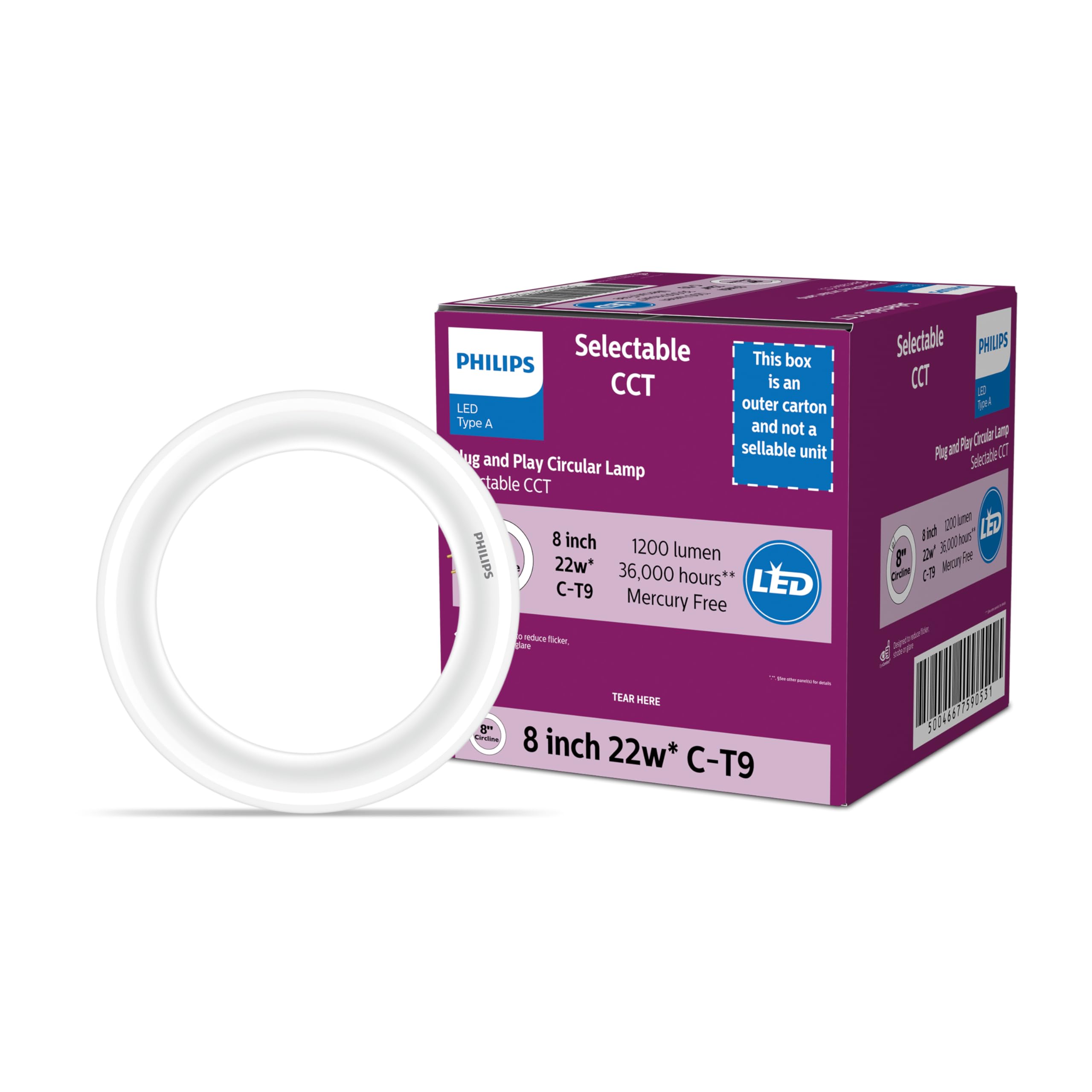 Philips 8" Circline 4-CCT Selectable White Color Temperature Plug and Play T9 Type A LED, 1-Pack