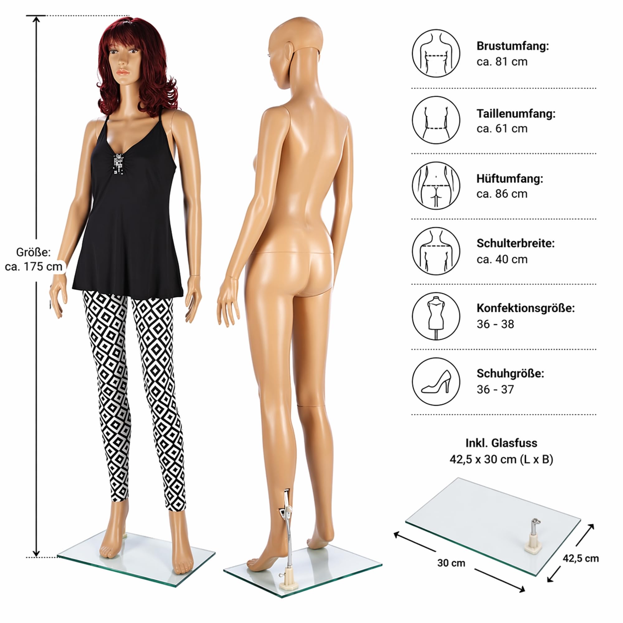 Mucola Schaufensterpuppe Weiblich 175 cm mit Glasfuß – Mannequin Konfektionsgröße 36-38, drehbarer Kopf, abnehmbares Haar | Schneiderpuppe PE-Plastik für Schaufenster, Boutique, Messe und Showroom