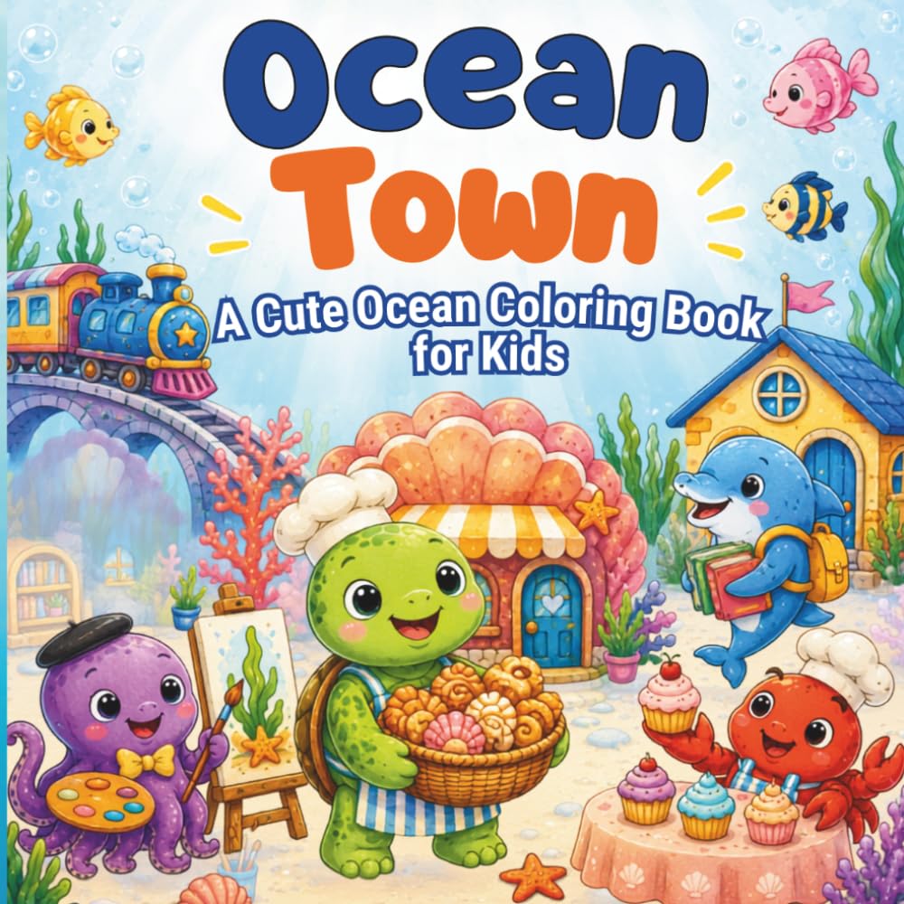 Ocean Town: Ocean Coloring Book for Kids: Cute Sea Animals Coloring Book for Kids | 34 Easy Bold Coloring Pages with Dolphins, Turtles, Octopuses, Crabs, and Underwater Ocean Town Scenes