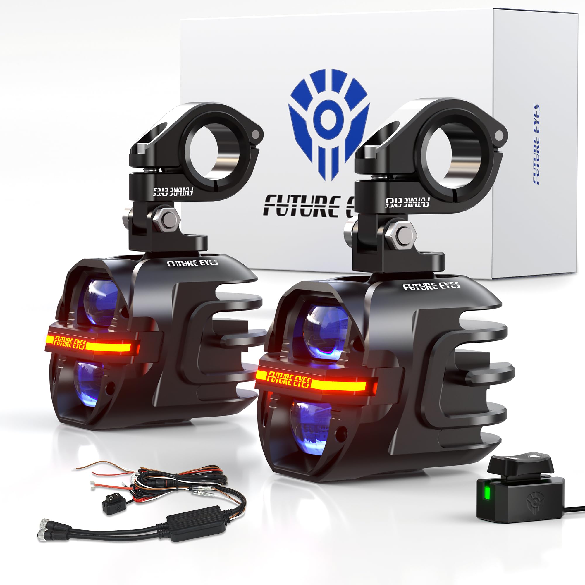 Photo 1 of Future Eyes Motorcycle Fog Lights 120W LED Amber Auxiliary Driving Lights with DRL & Strobe, IP67 Waterproof Motorcycle Light for Night Riding, Off-Road, Dirt Bike, ATV, UTV, Golf Cart
