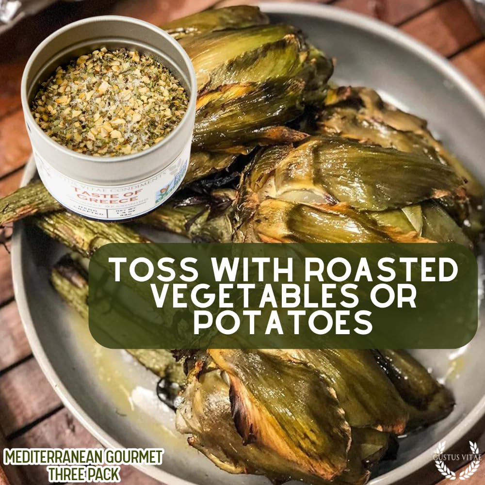 Mediterranean Gourmet Seasoning Collection | Non GMO Verified | 3 Magnetic Tins | All Natural | Ultra Premium | Sustainably Sourced | GLP-1 Friendly | Made in USA | Artisan Spice Blends and Sea Salts | Hand Crafted | Made in Small Batches | Gustus Vitae | All Occasion Gift