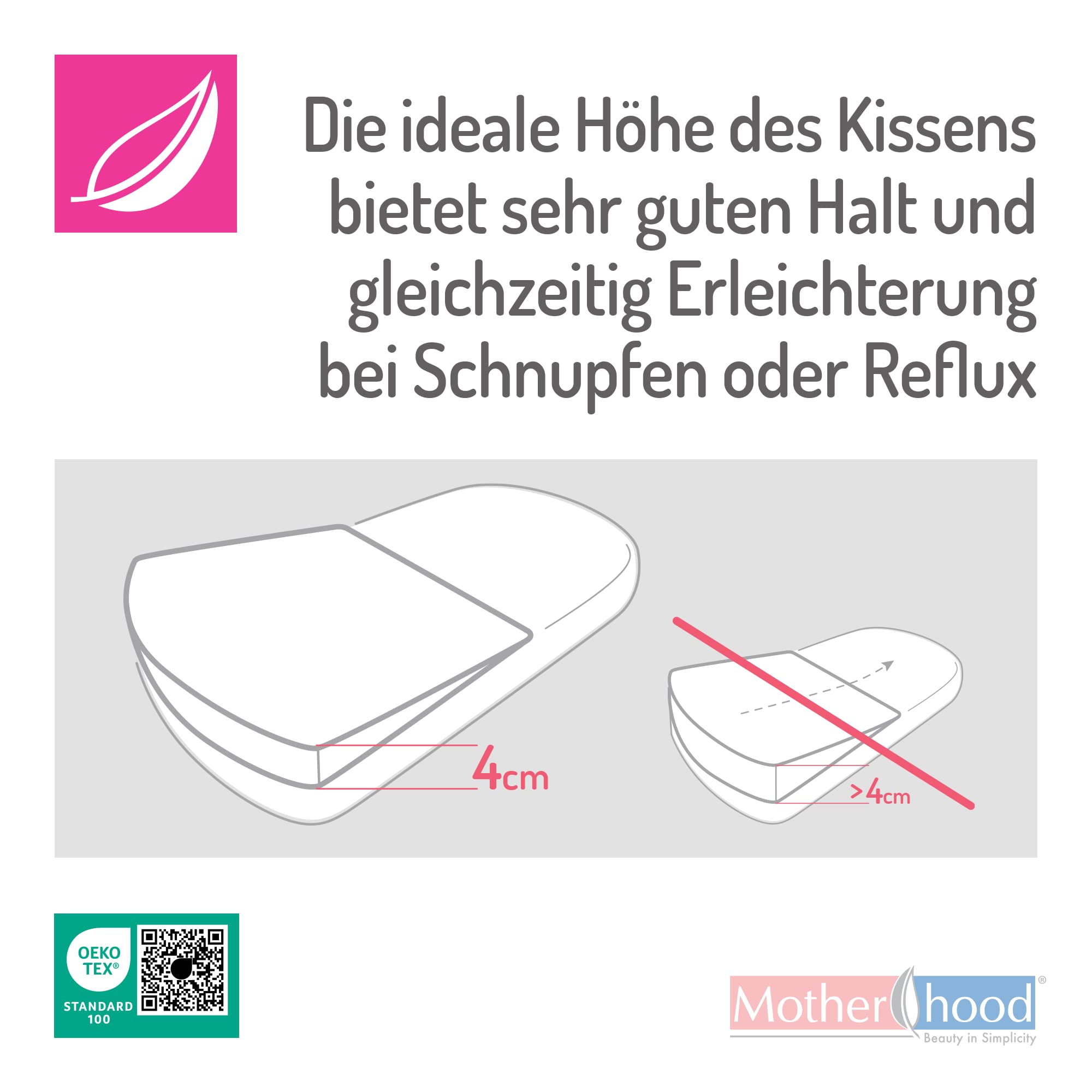MOTHERHOOD Baby Keilkissen 30x30cm ideal für Kinderwagen, Stubenwagen, Öko-Tex Standard 100. Inkl. abnehmbarem Bezug aus 100% Baumwolle, Blatt rosa classiscs