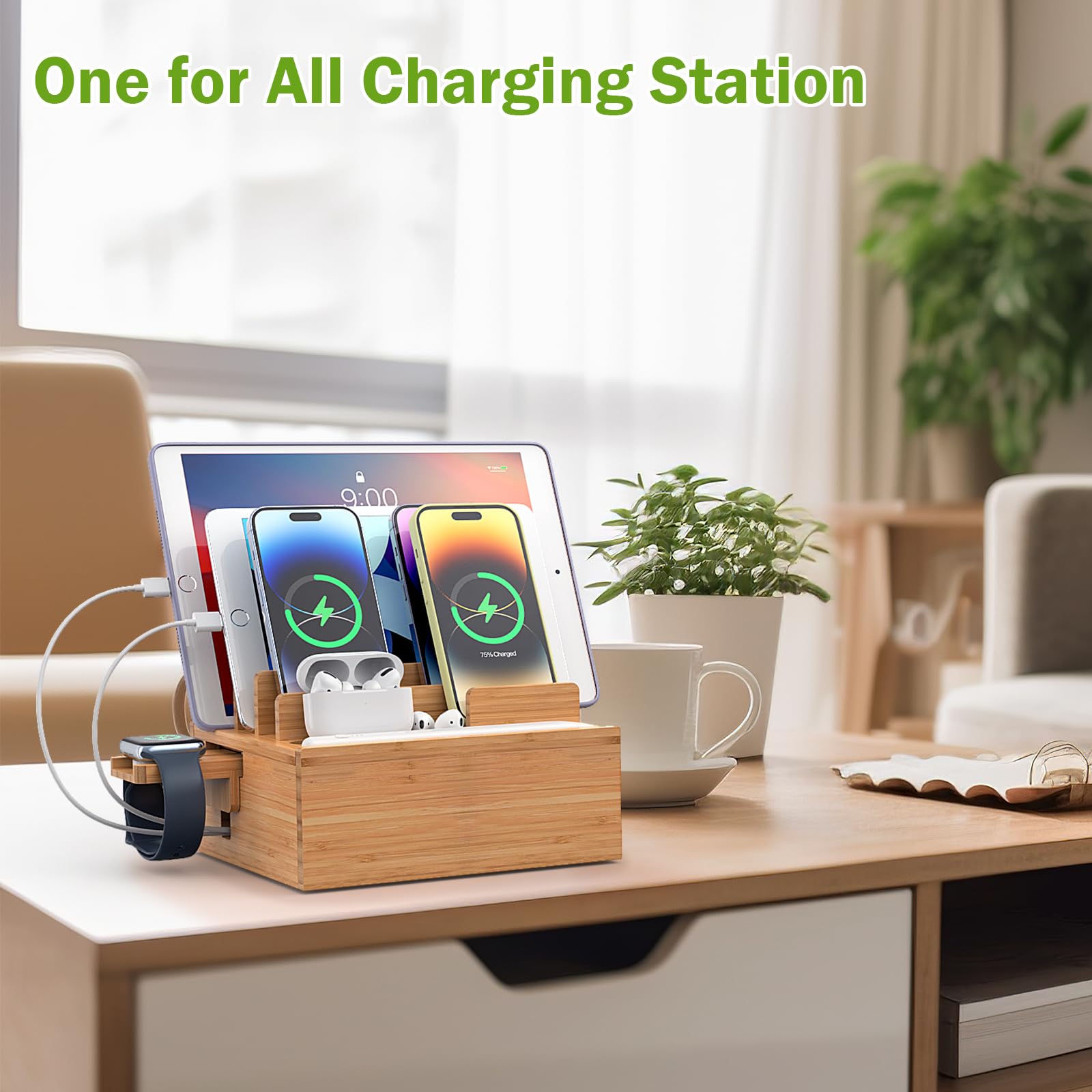 Pezin & Hulin Station de recharge en bambou avec support de montre, chargeur et câbles | Support en bois pour plusieurs appareils, téléphones, tablettes, montres et écouteurs, pas de montage nécessaire