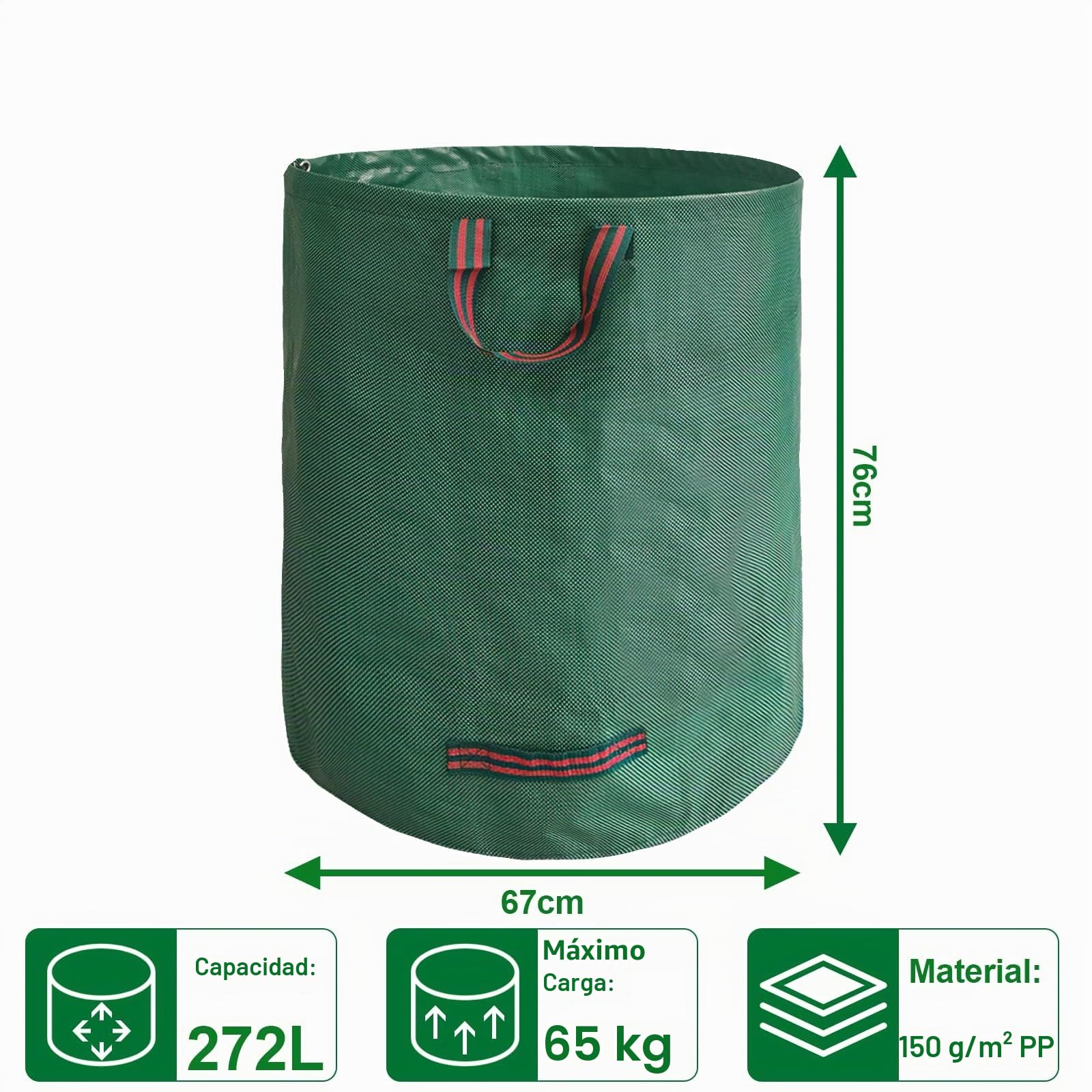 4X Bolsas de Basura de Jardín, 272 L Sacos Con Asas, Plegables, Repelentes al Agua, Reutilizables y Estables