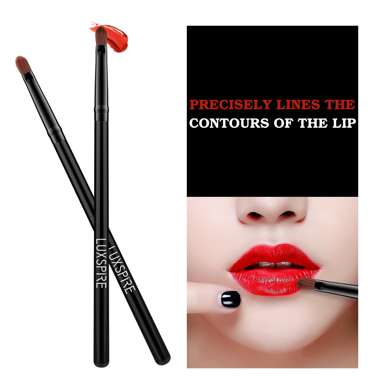 Luxspire [2 Pezzi] Pennello per Labbra, Pennelli Strumenti Make Up Accessori Trucco in Fibra Sintetica per Rossetto, Tinta Labbra, Balsamo, Gloss - Nero