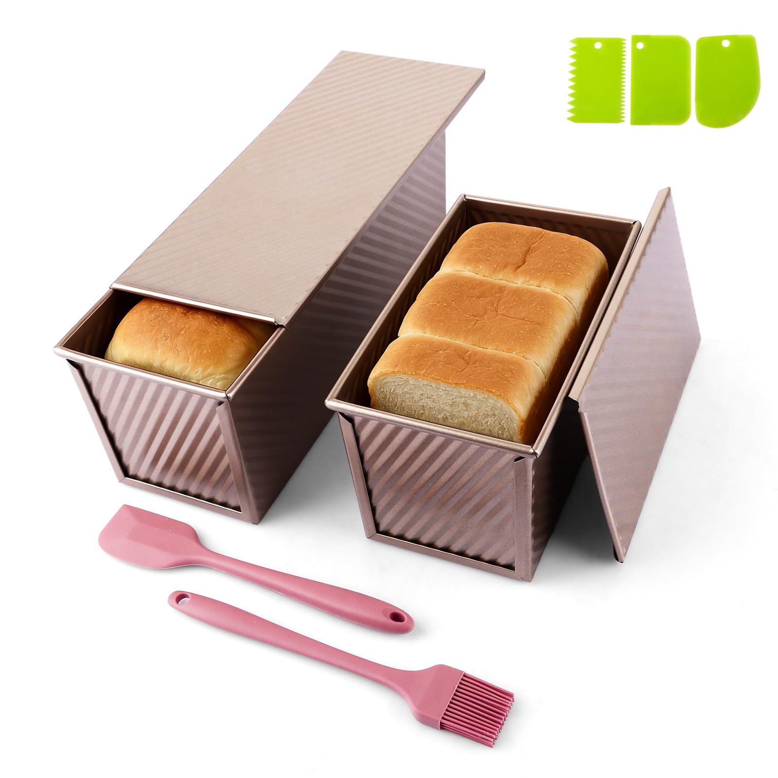Lot de 2 Moule Pain de Mie avec Couvercle, 31.8x12x11.43cm und 21.6x12x11cm Moule a Pain de mie avec Couvercle Or rose, Inclus 1 Spatule en Silicone et 1 Pinceau en Silicone pour Toasts