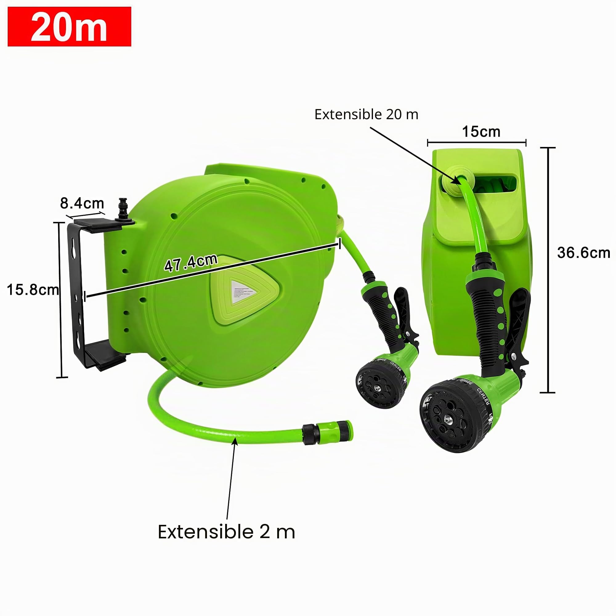 Aufun Enrouleur Tuyau Arrosage 20m + 2m automatique avec douchette, raccord 3/4" orientable à 180, Verrouillage à n'importe Quel Point, pour jardin, arrosage, lavage de voiture (Vert, 20m)