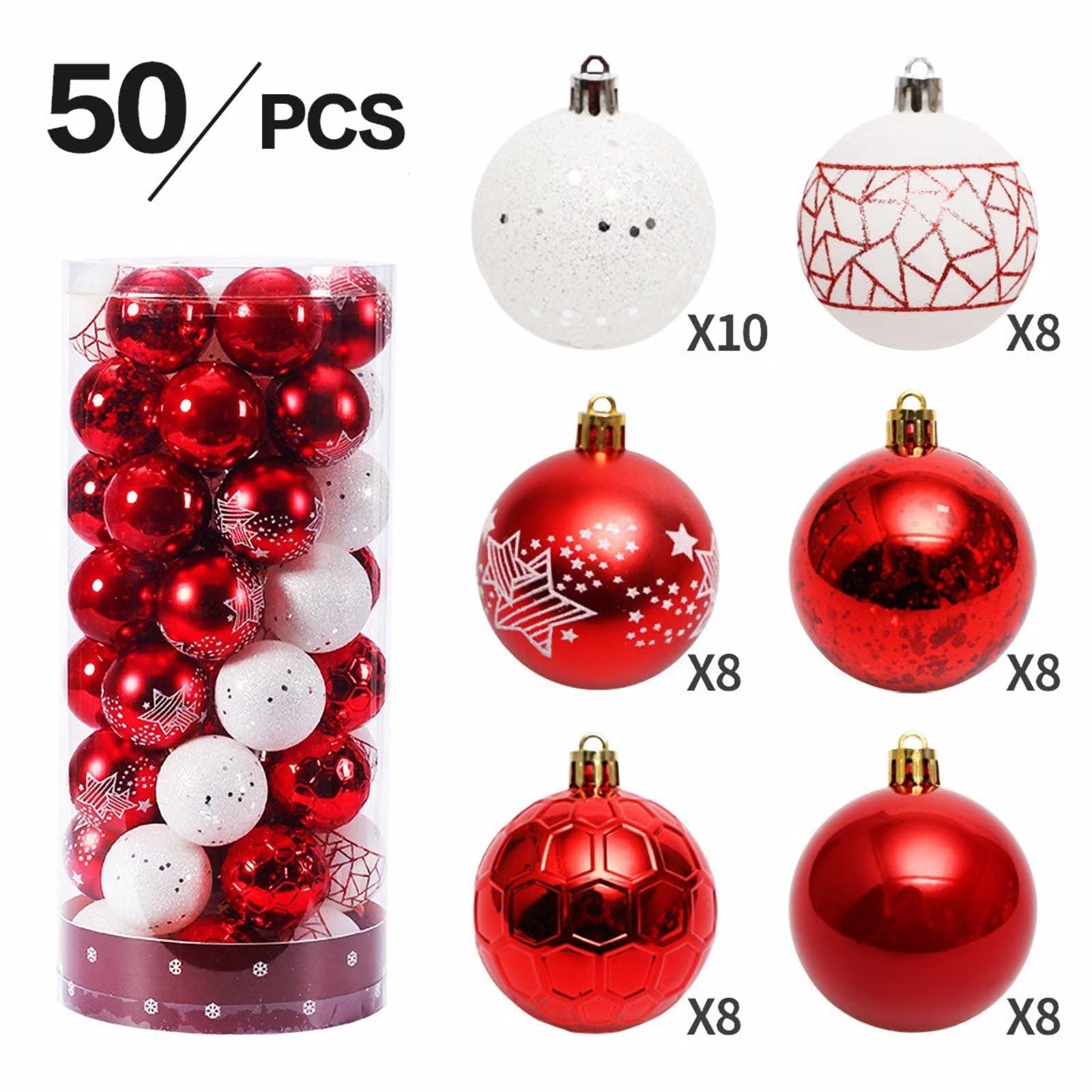 Lot de 50 boules de Noël incassables de 60 mm pour sapin de Noël (rouge et blanc)