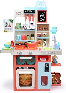 Cute Stone Pretend Play Kitchen, Educational Toy, 64 Pieces, Realistic Spray, Lights and Cooking Sounds, Circulating Water, Assembly Type, Cookware Included, Pretend Play, Plenty of Foods, Storage
