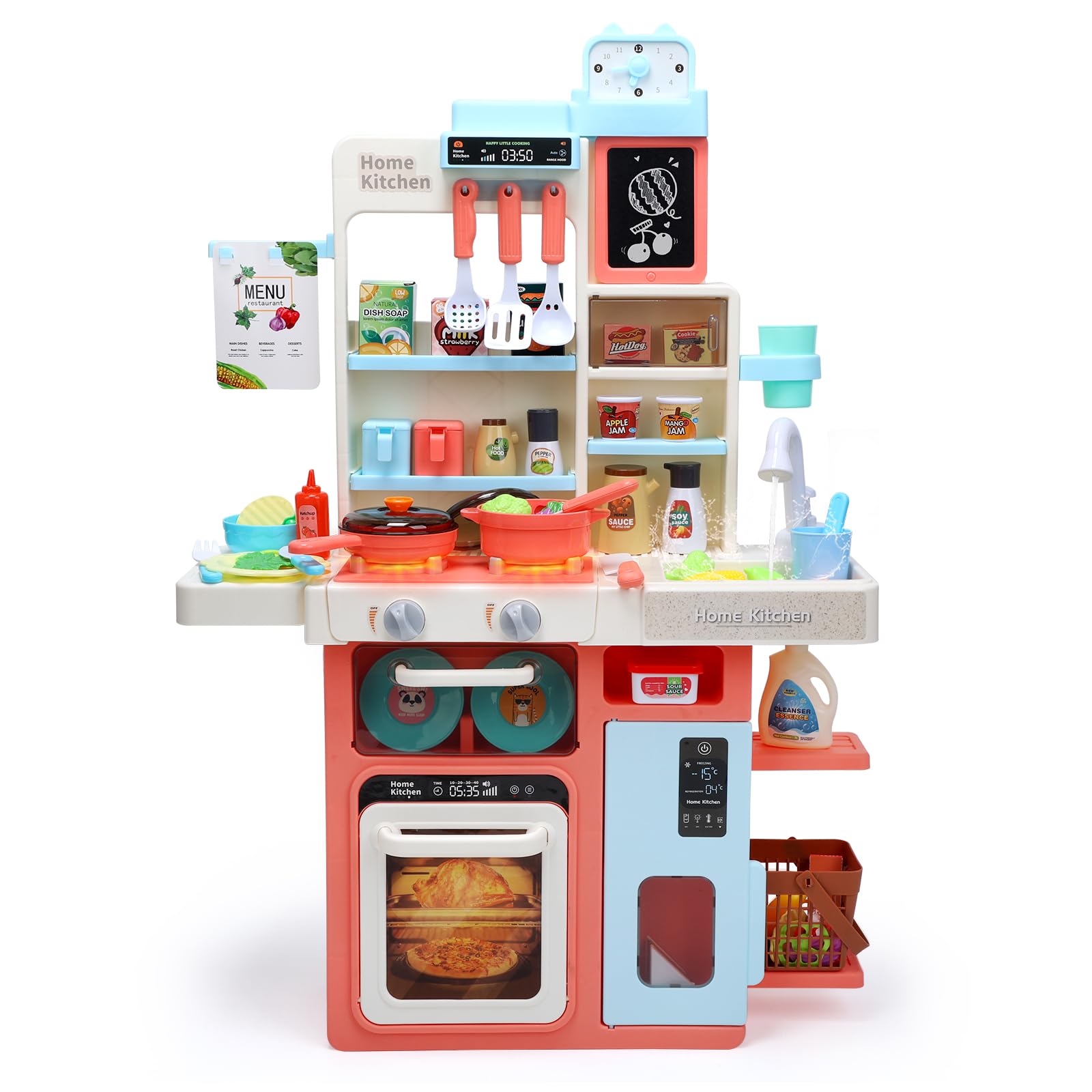 Cute Stone おままごとキッチン 知育玩具 64点 おままごと おもちゃ リアルスプレー ライトと料理音付き 循環出水 組立式 調理器具付き ごっこ遊び 豊富な食材 収納スペース 黒板付き 台所 子供 玩具 誕生日プレゼント