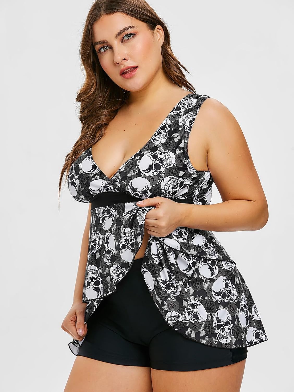 Rosegal Plus Size Women 2 Piece Swimsuit Skull Rose Print Layered Tankini Swimwear