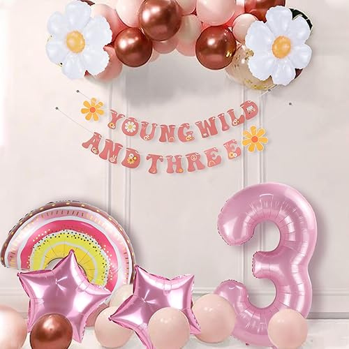 Miniatura 6 de Cartel de niña Young Wild y Three Decoration, decoraciones de fiesta de tercer cumpleaños, Groovy Retro Hippie Boho Daisy Flower Rainbow y Pink