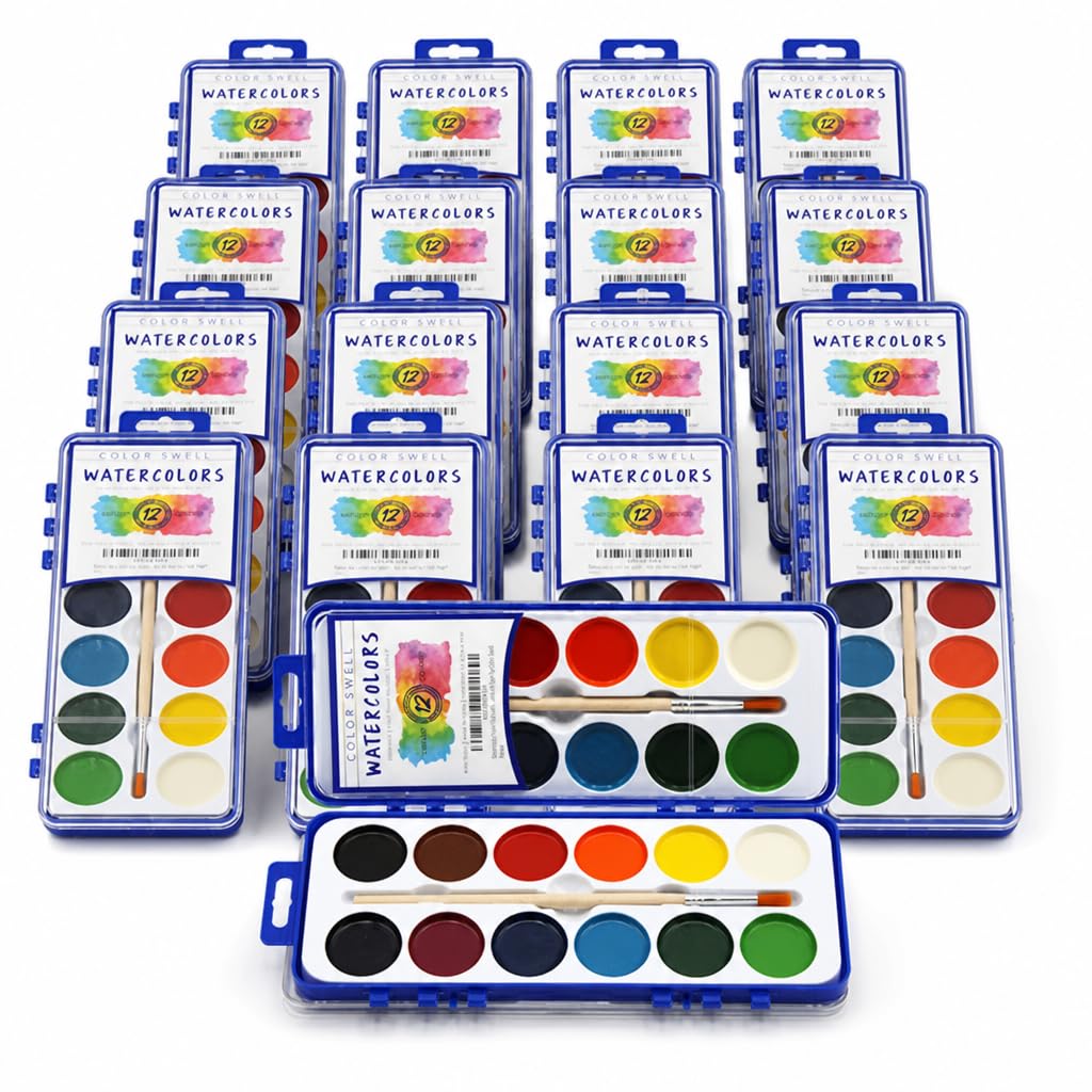 Aquarellfarben-Set mit Holzpinseln, 12 waschbare Farben mit 25 % mehr Farbe, 18 Stück