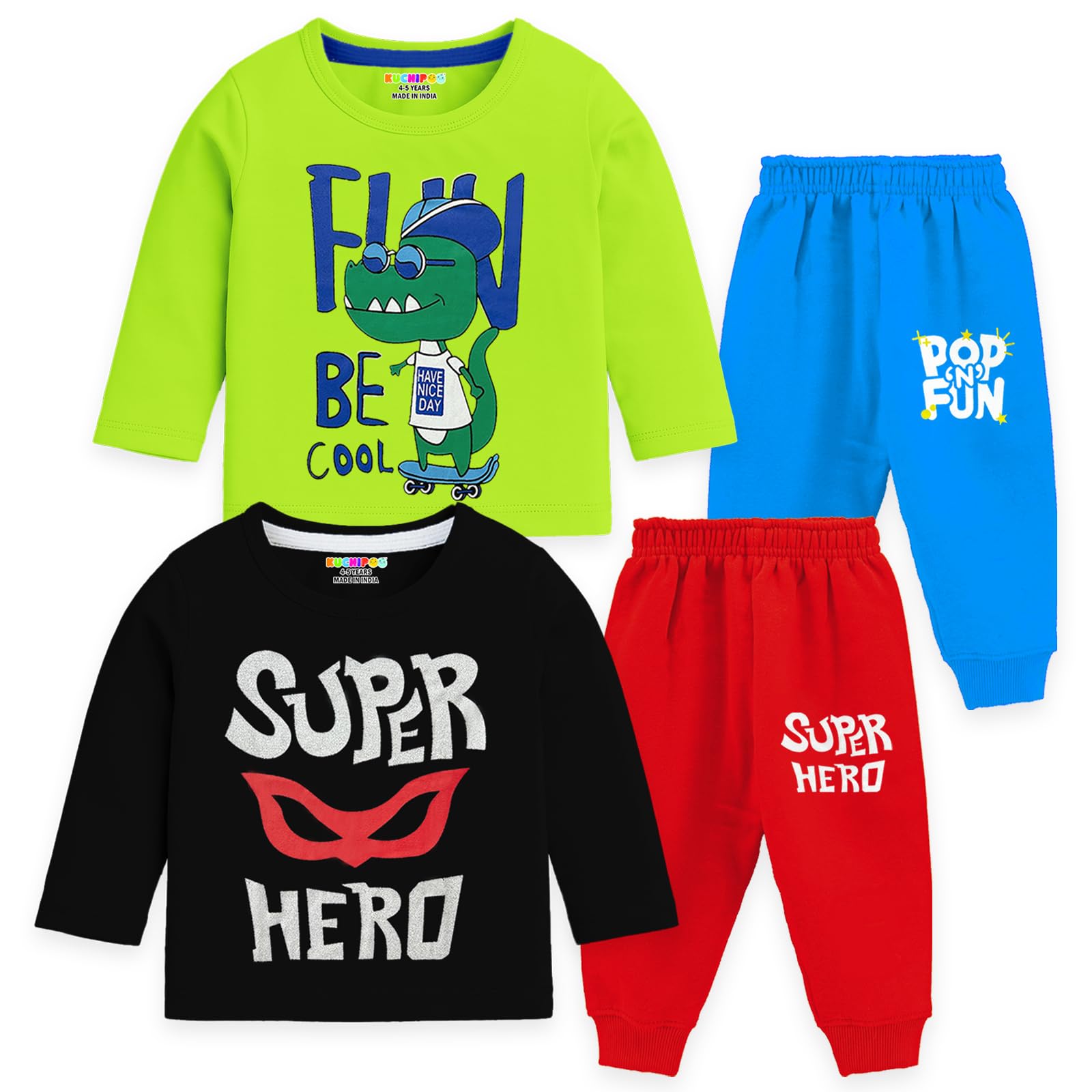 Kids Regular Fit Cotton T-Shirts and Pyjamas Set-image-43