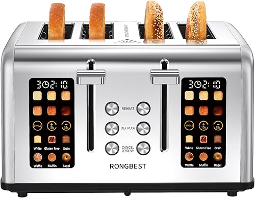 Tostadora de pantalla táctil de 4 rebanadas, tostadora de acero inoxidable con ranuras anchas para bagels y pan, funciones de