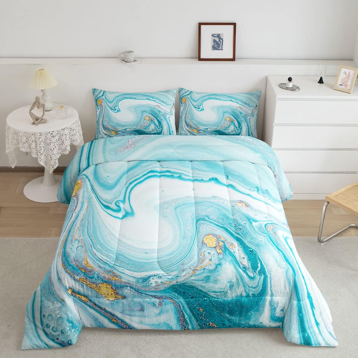 Teal Marble Comforter Set Turquoise Marble Pattern Bedding Set Blue White Gold Crystal Mineral Marble Comforter for Kids Boys Girls Women Colorful Bedroom Decor Abstract Art Quilt Set Twin Size