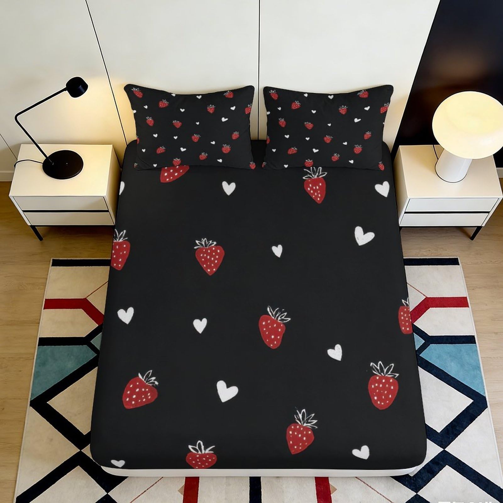 3D Printed Strawberry Fitted Sheet Microfiber Deep Pocket Non-Slip Bedroom Bedding Strawberry Mattress Fitted Cover Washable 160x200x25cm