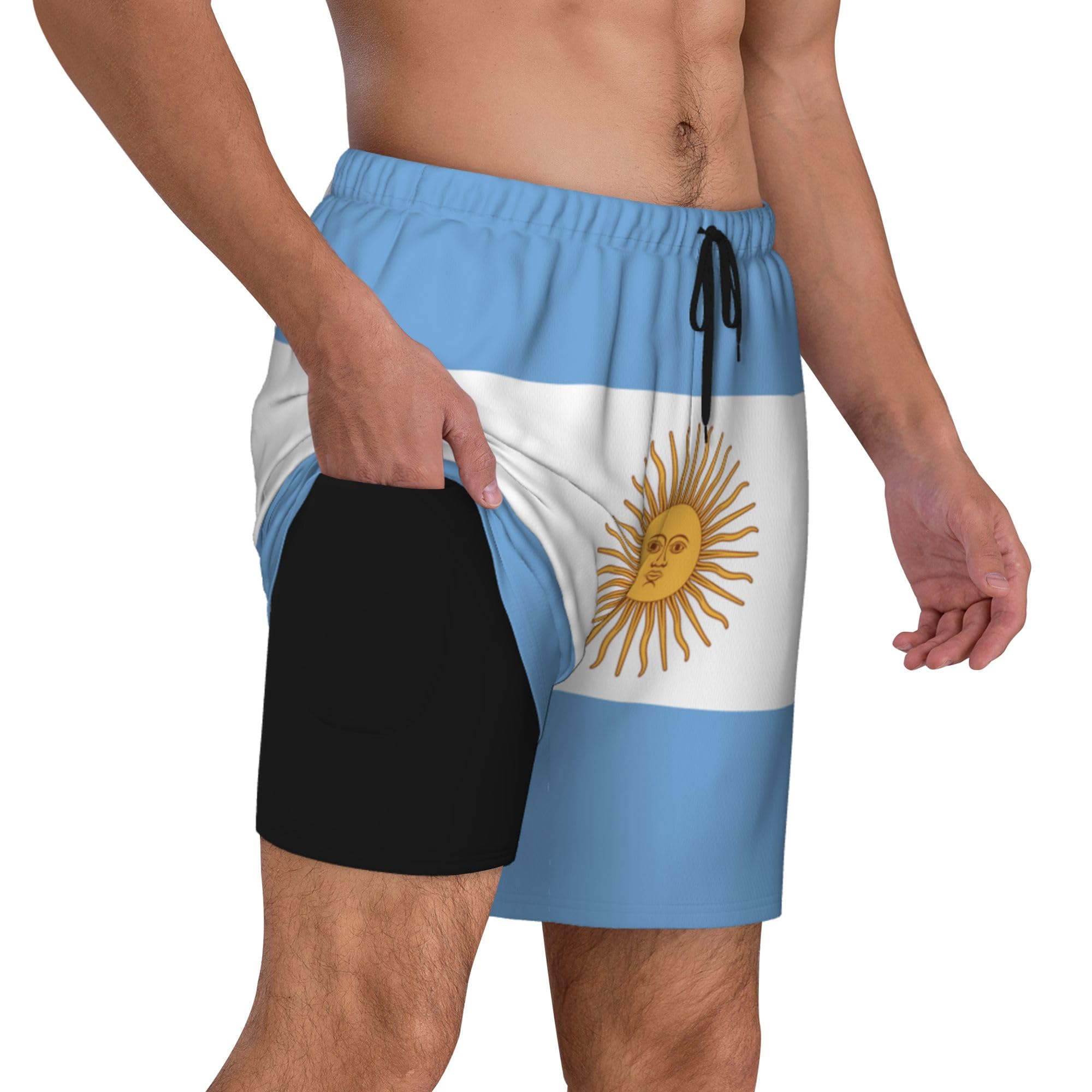 peiyeety Mens Swim Trunks with Compression Liner Beach Board Shorts Quick Dry Swimming Short -Flag of Argentina Black
