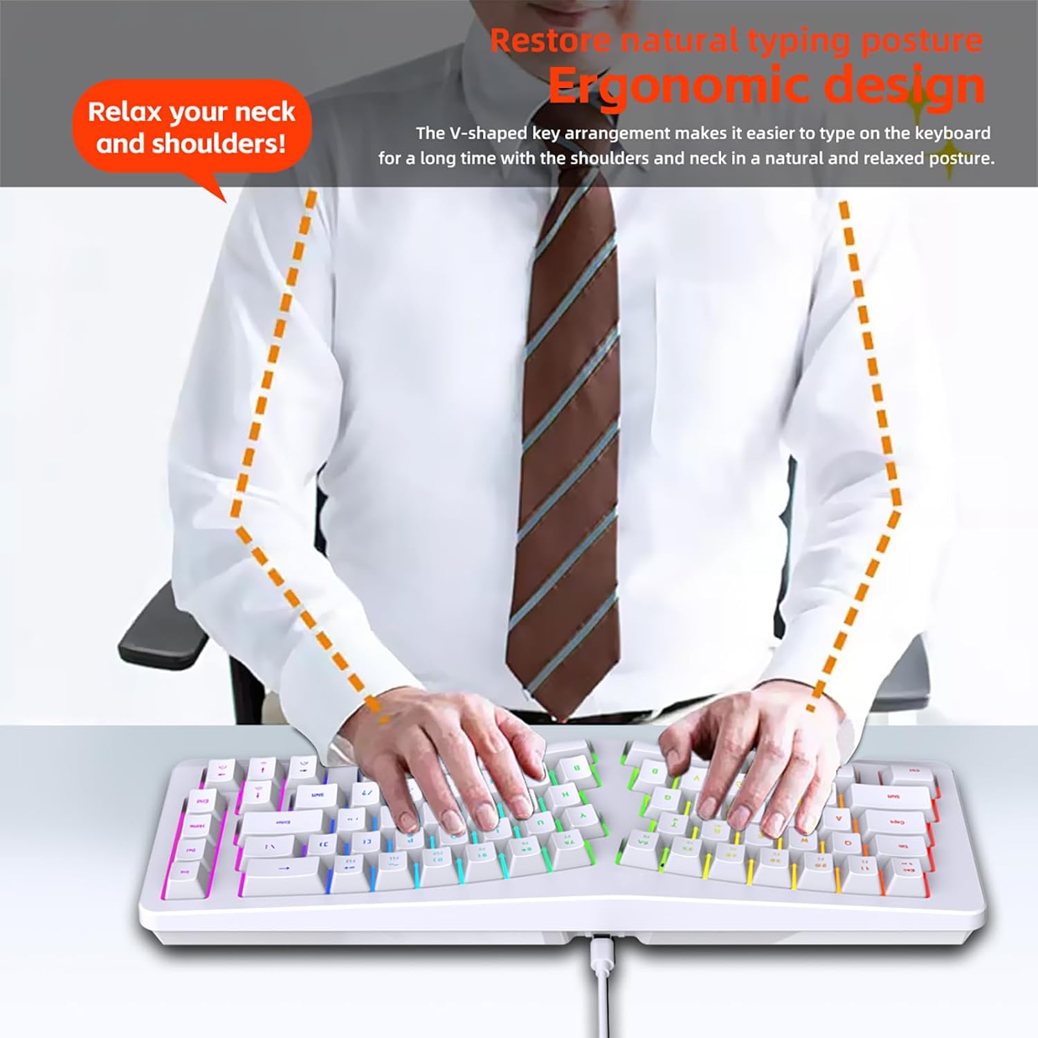 HXMJ-Wired Ergonomic Gaming Keyboard,Mechanical Feel,Detachable USB Cable,69 Keys,RGB Backlit-White