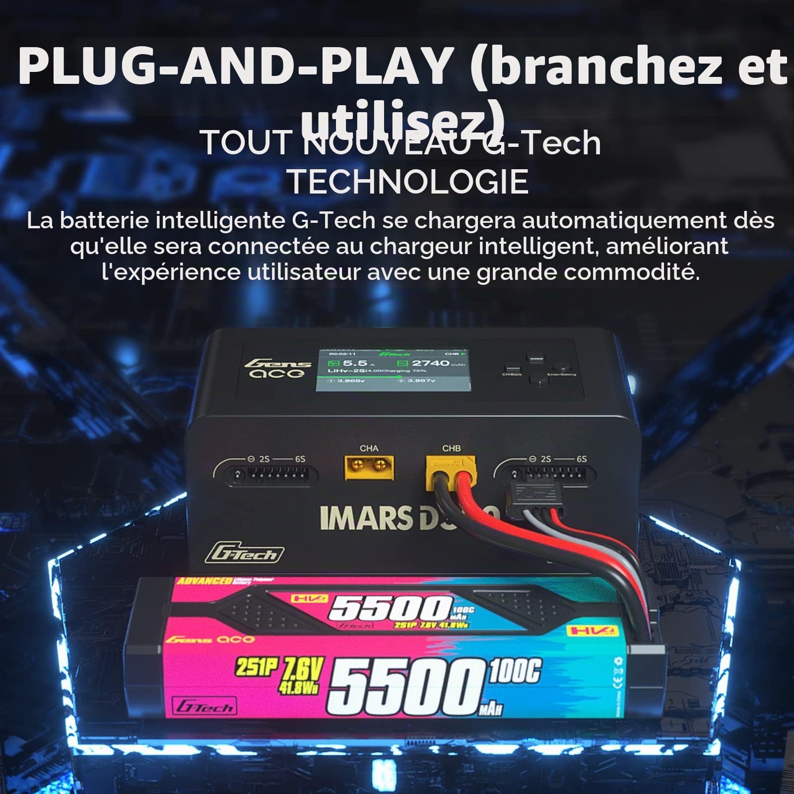 Gens Ace Chargeur de Batterie Imars Dual Channel AC 300W DC 350W*2 Balance Chargeur avec Adaptateur Secteur(Noir)